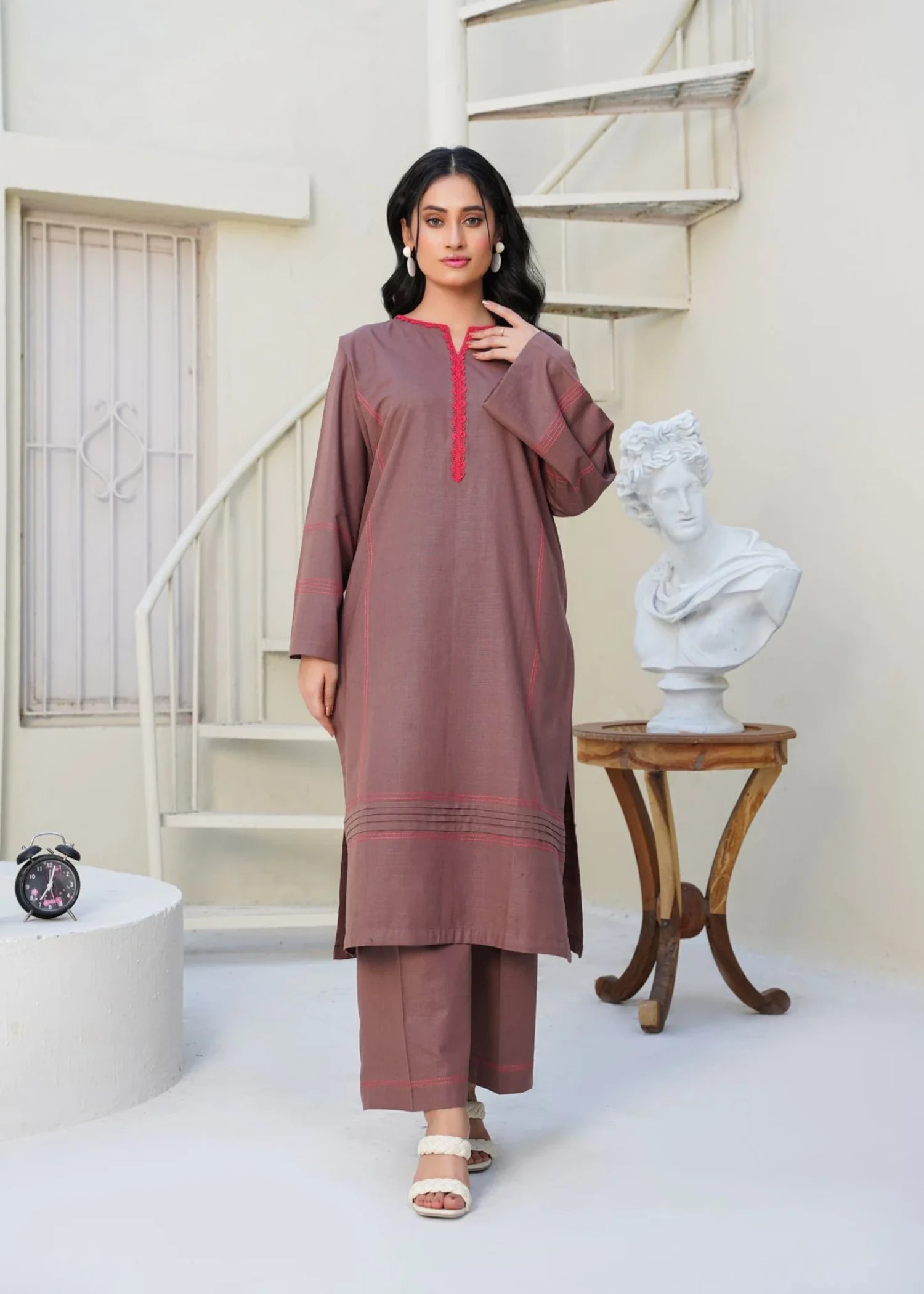 slub khaddar Kurta Set in Mocha brown