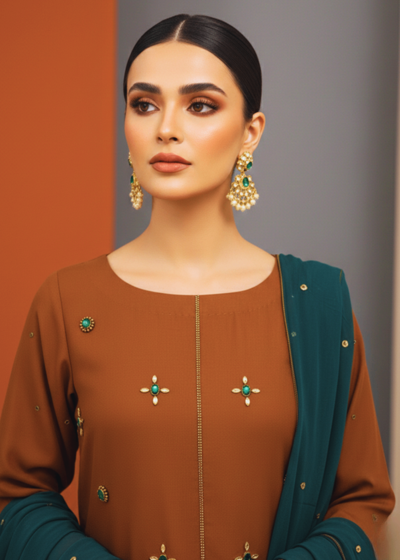 silk Kurta Set in Saffron, green