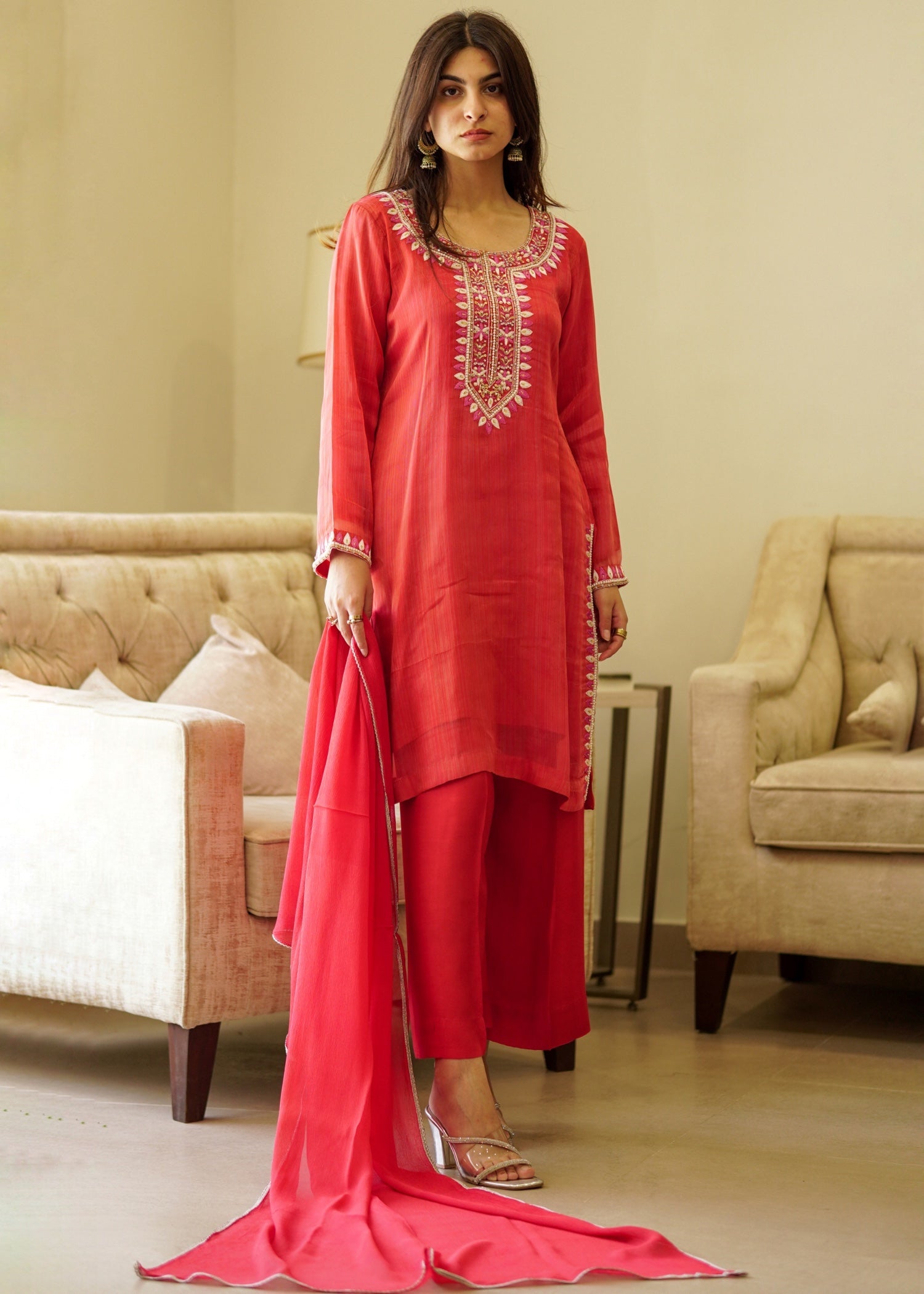 zari masuri Kurta Set in Rust red