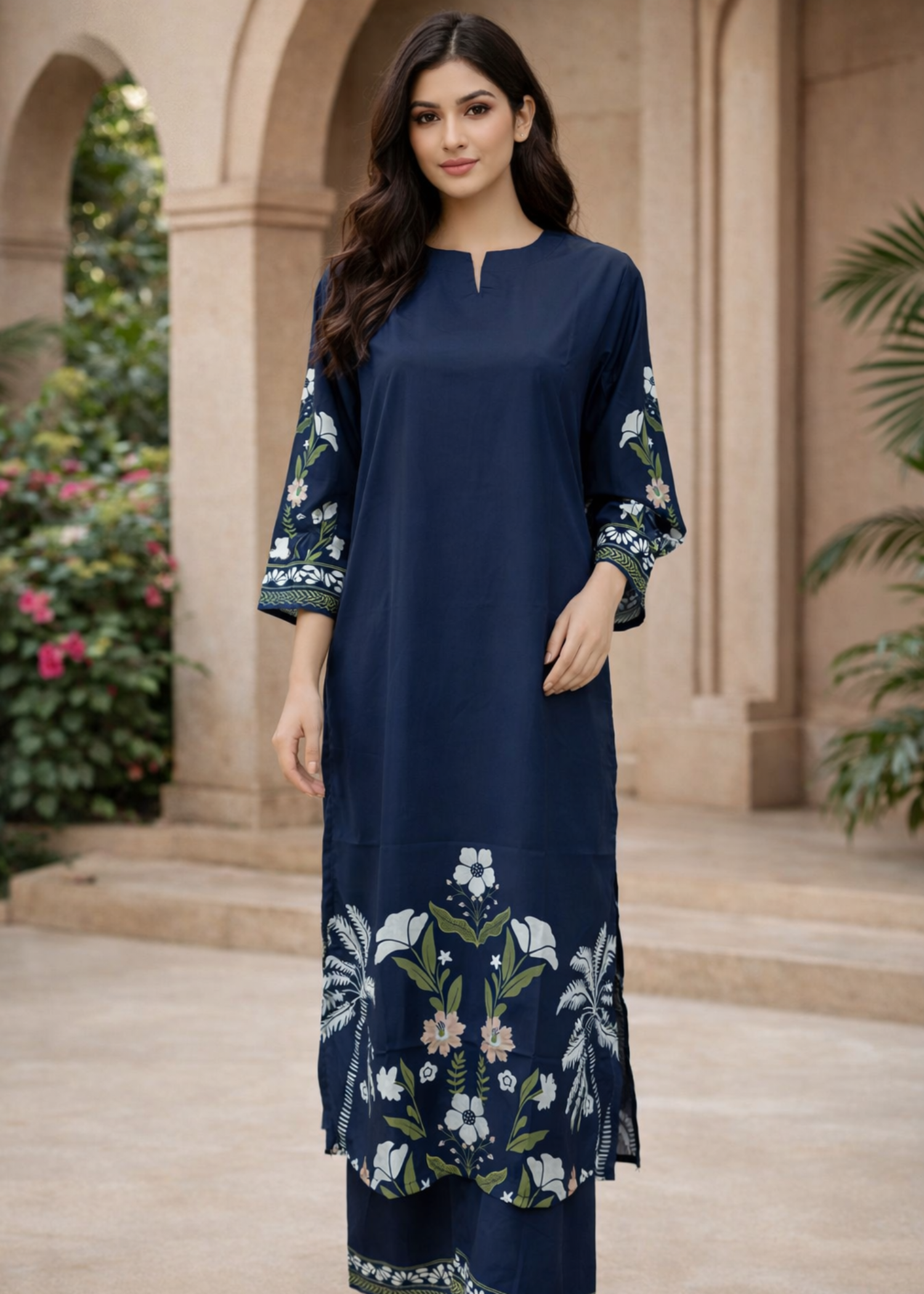crepe Kurta Set in Navy blue