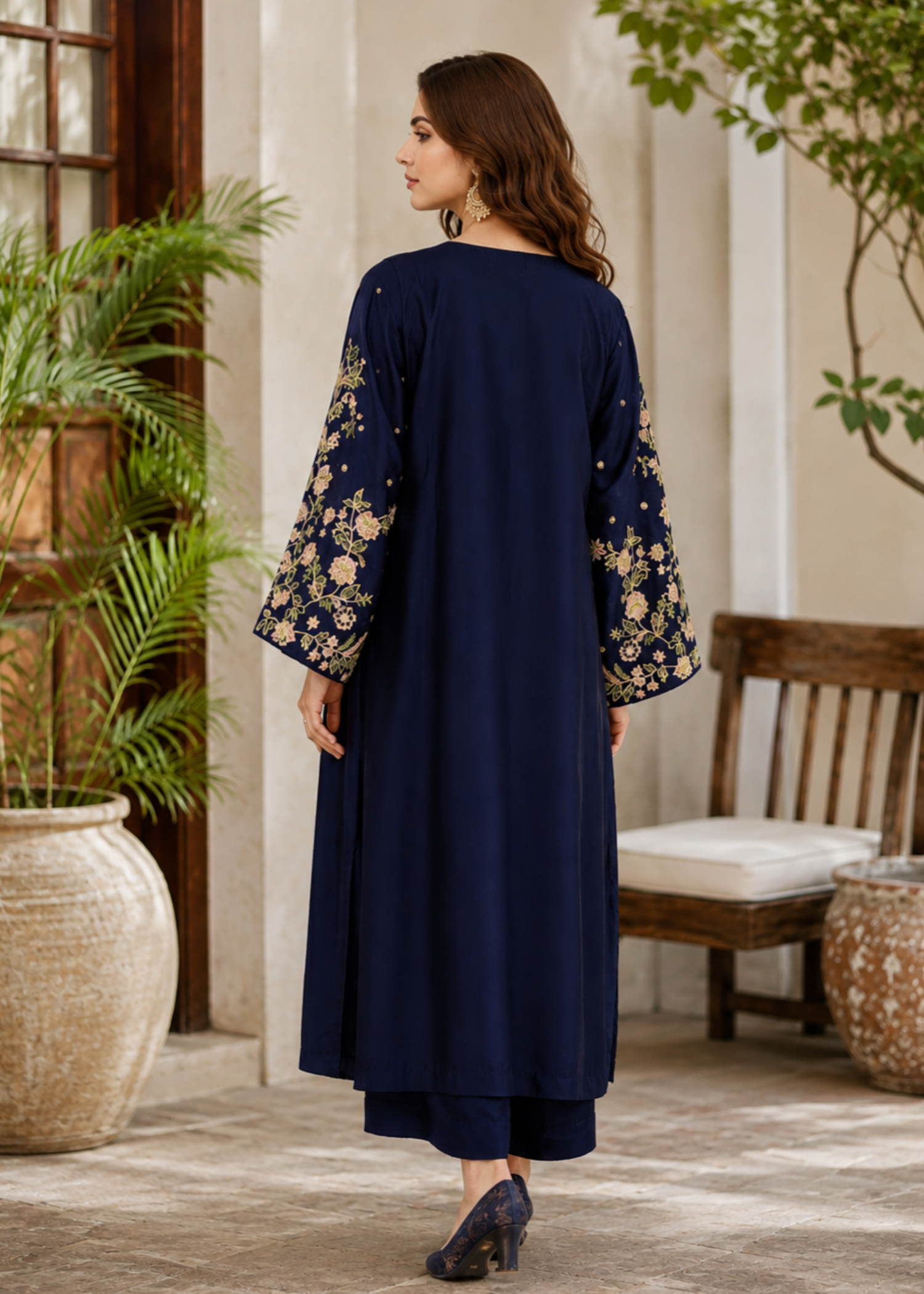 silk charmeuse Kaftan in Navy blue