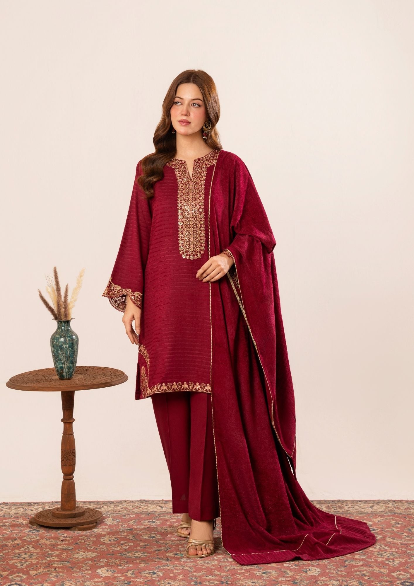 velvet jacquard Kurta Set in Maroon