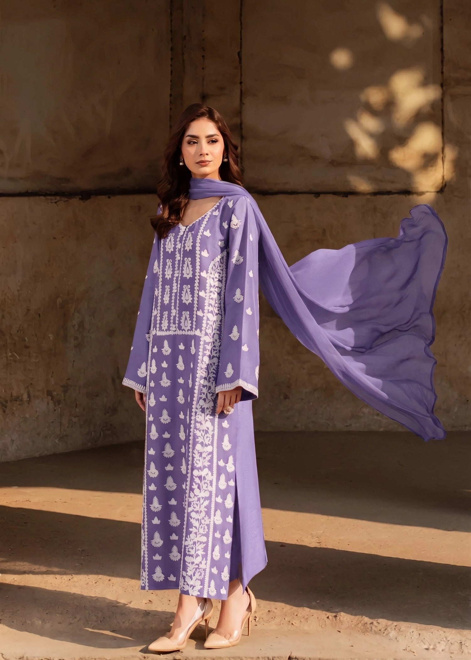 lawn cotton Kurta Set in Bright lavender