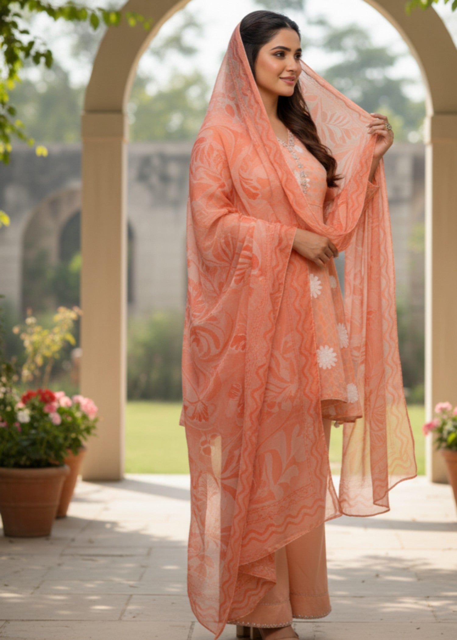 organza silk Short Frock in Peach orange