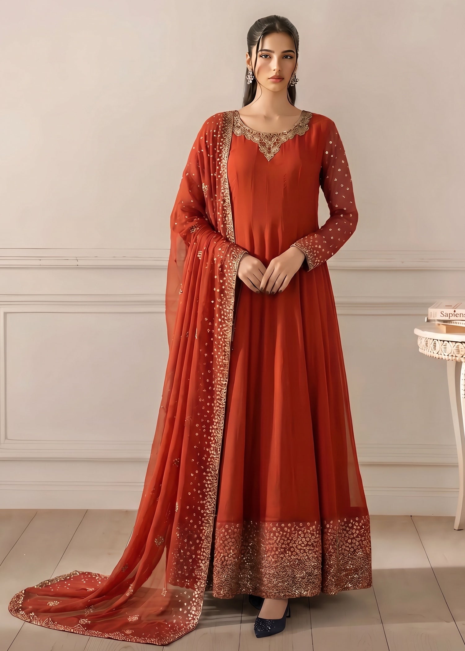 chiffon Pishwas in Rust orange