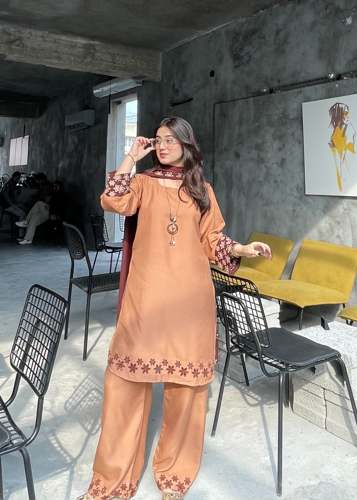 dhanak Kurta Set in Tan brown