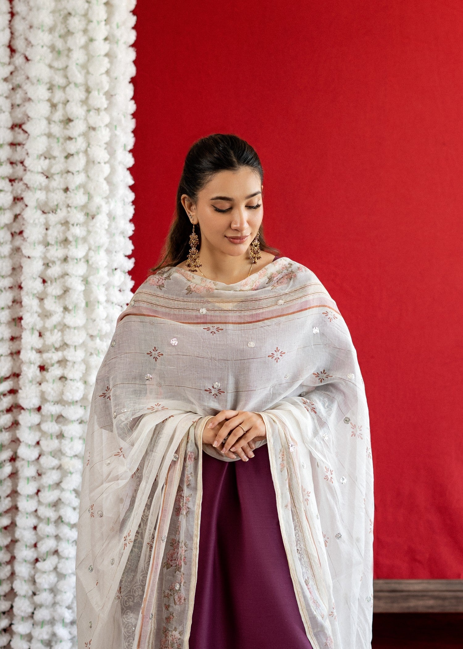 lawn Kurta Set in Purple, off-white
