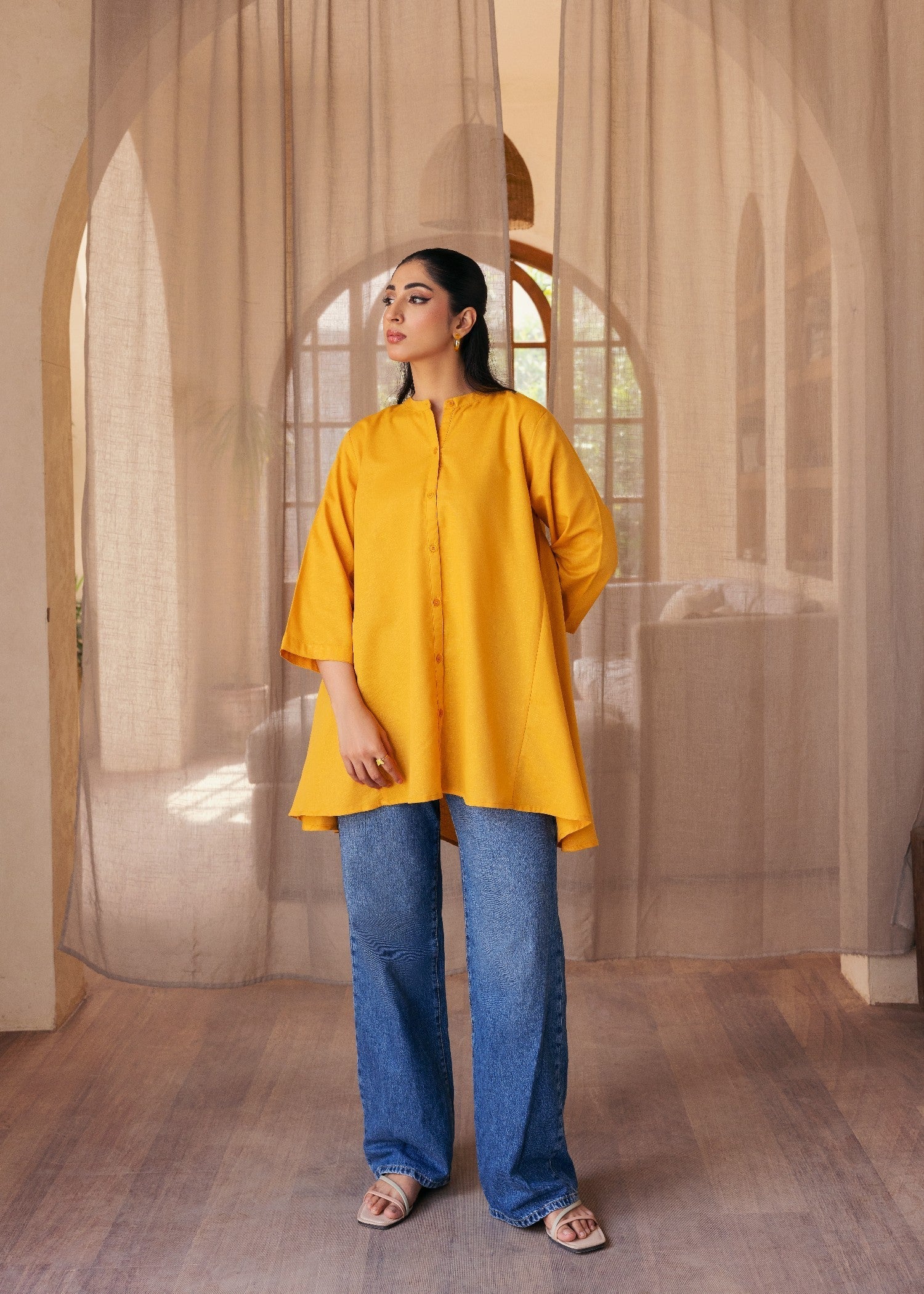 slub khaddar Top in Mustard