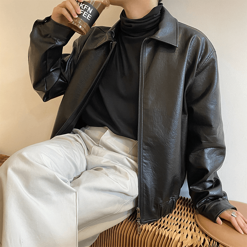 Vintage Style Men's Short Leather Jacket - Loose Fit Design