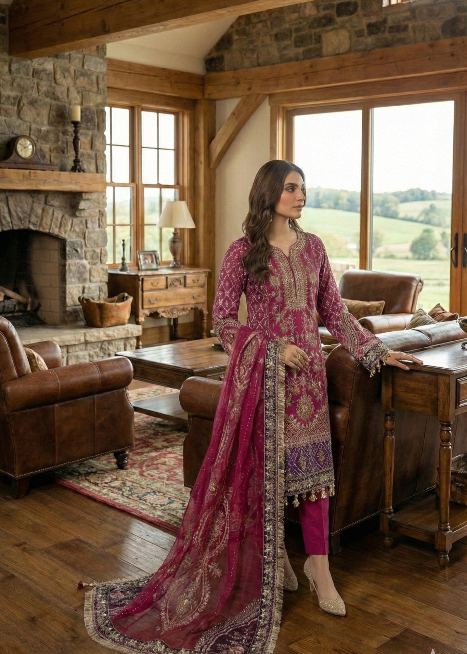grip Kurta Set in Magenta