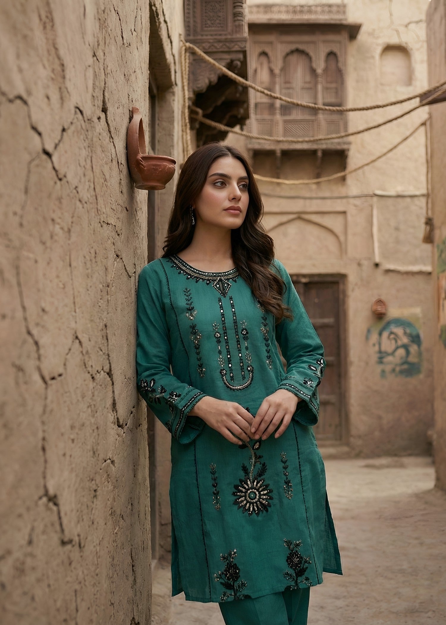 cambric Kurta Set in Teal