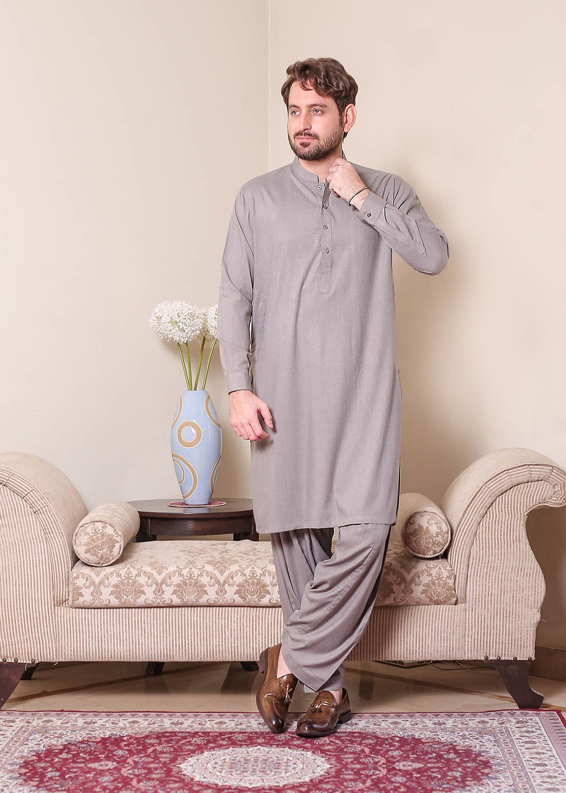 textured wash & wear Shalwar Kameez in Grey