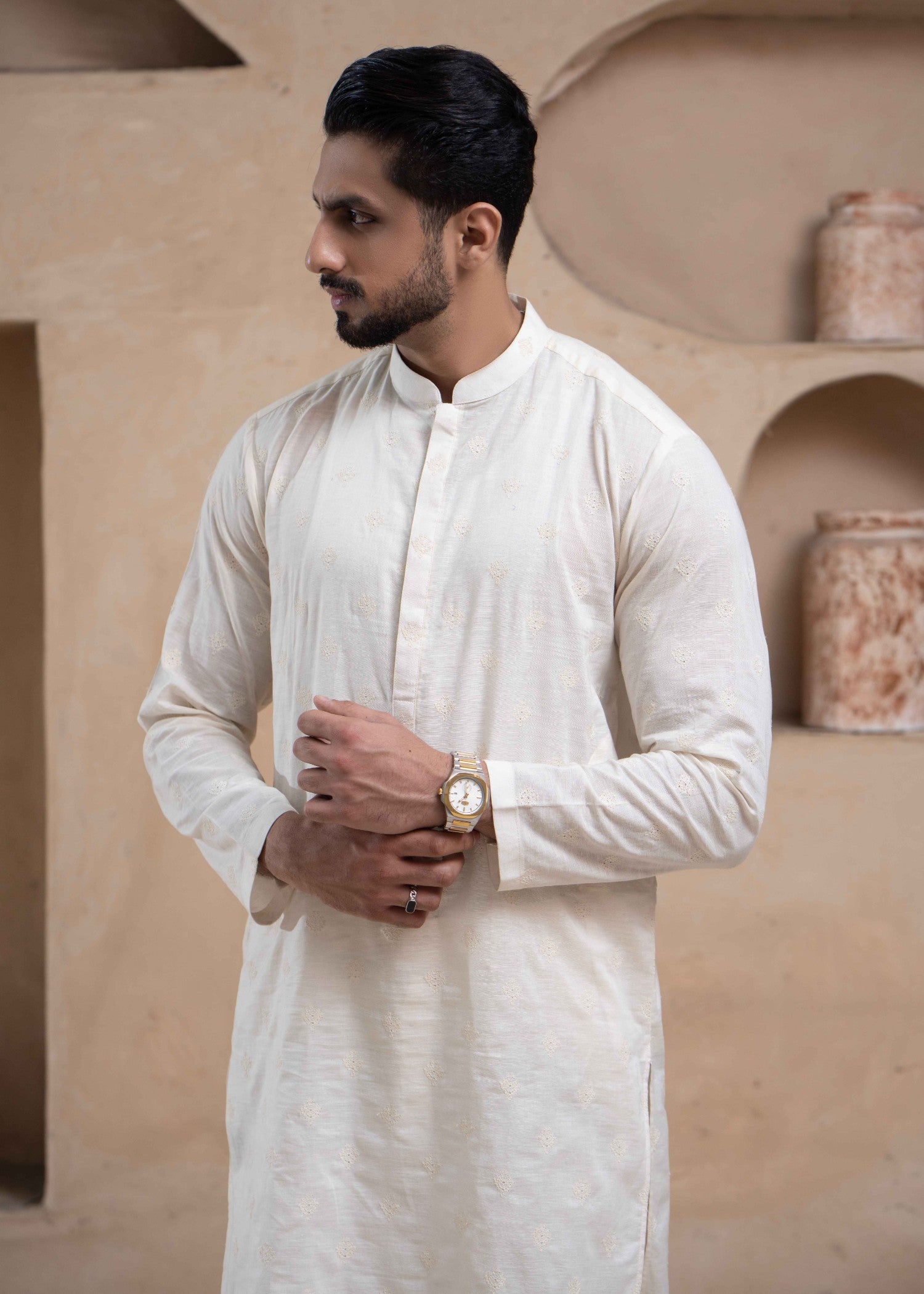 cotton jacquard Kurta in Off-white