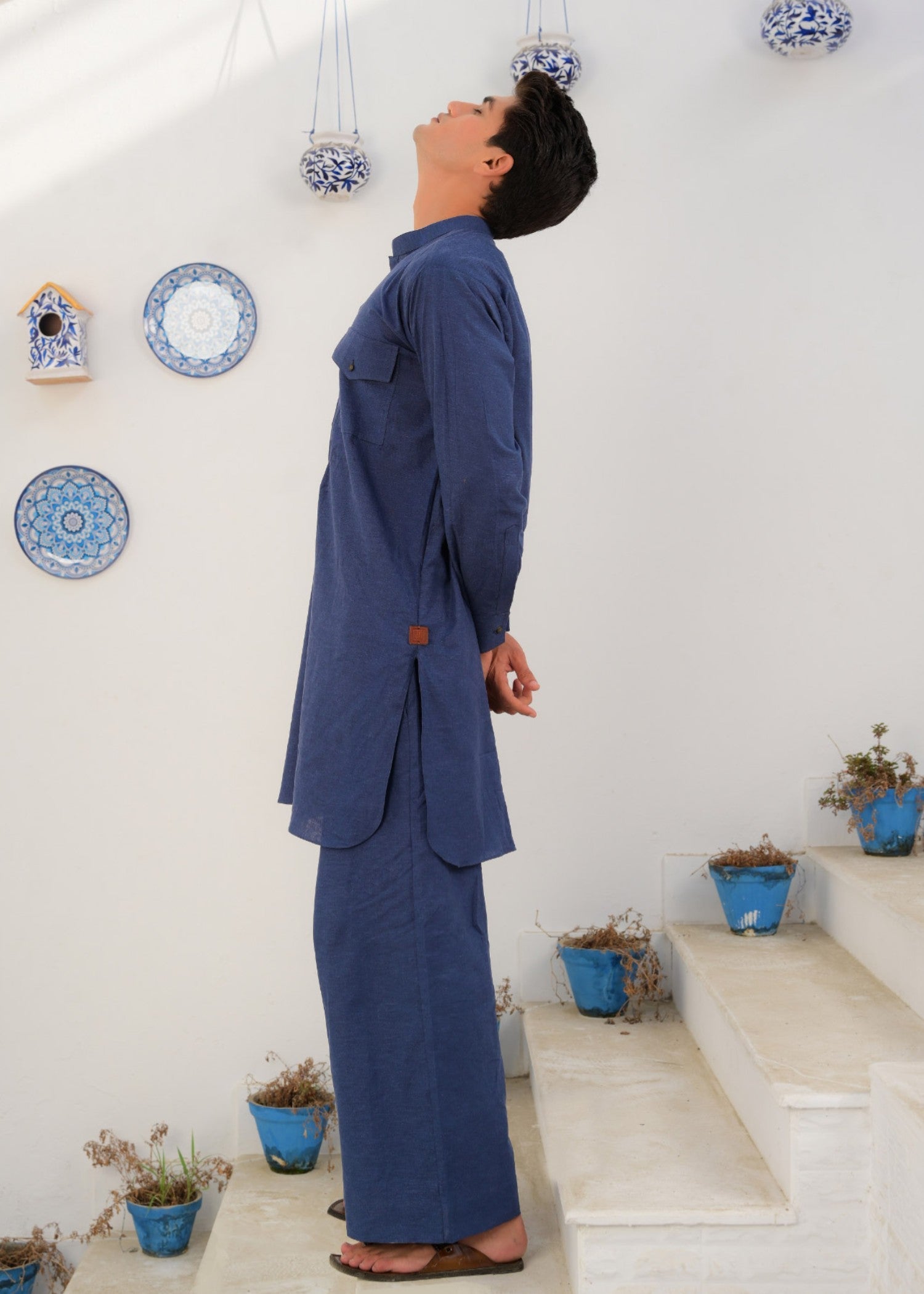 irish linen Kurta Set in Dark blue