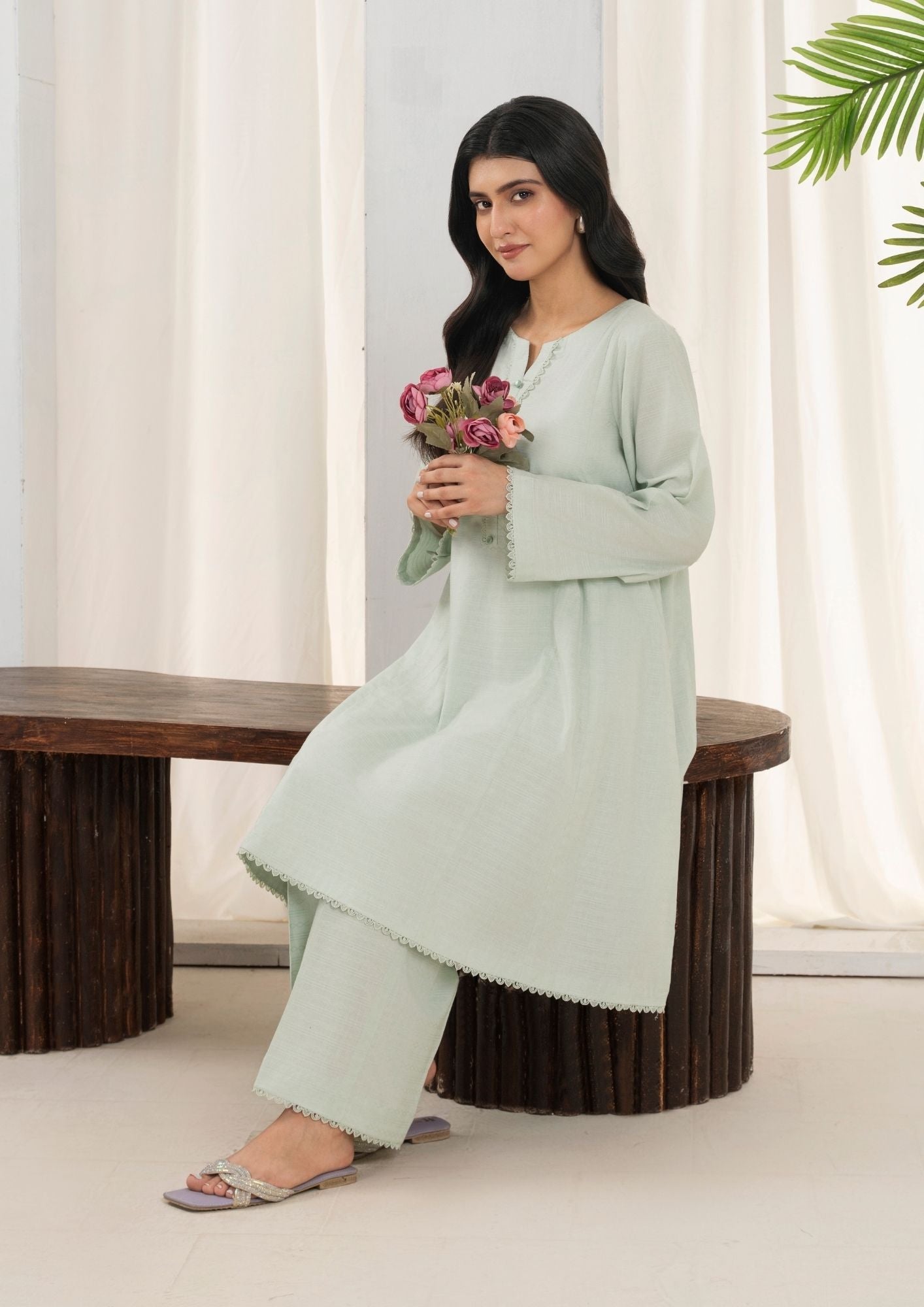 lawn cotton Short Frock in Tea green