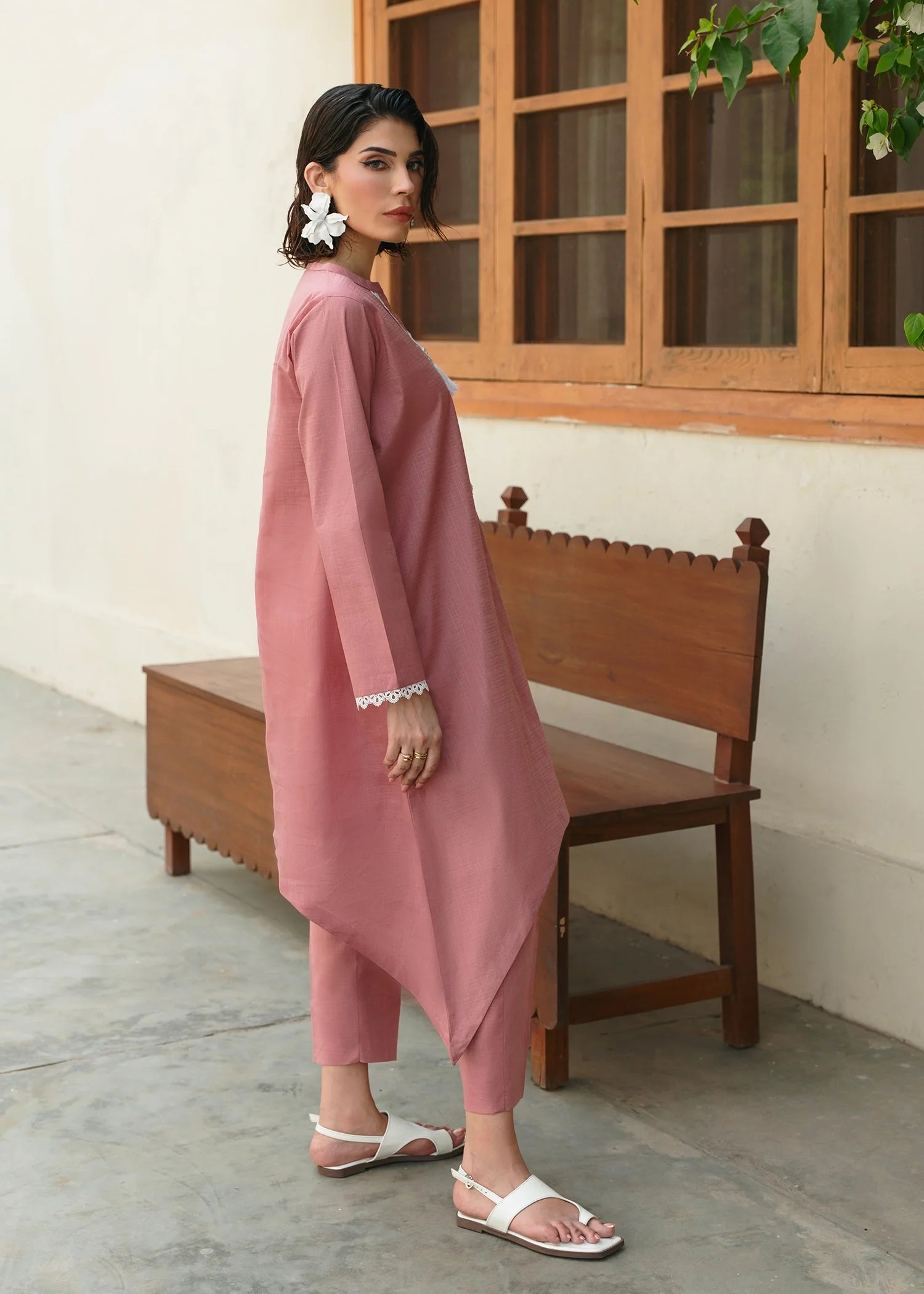 textured lawn Short Frock in Tea rose pink