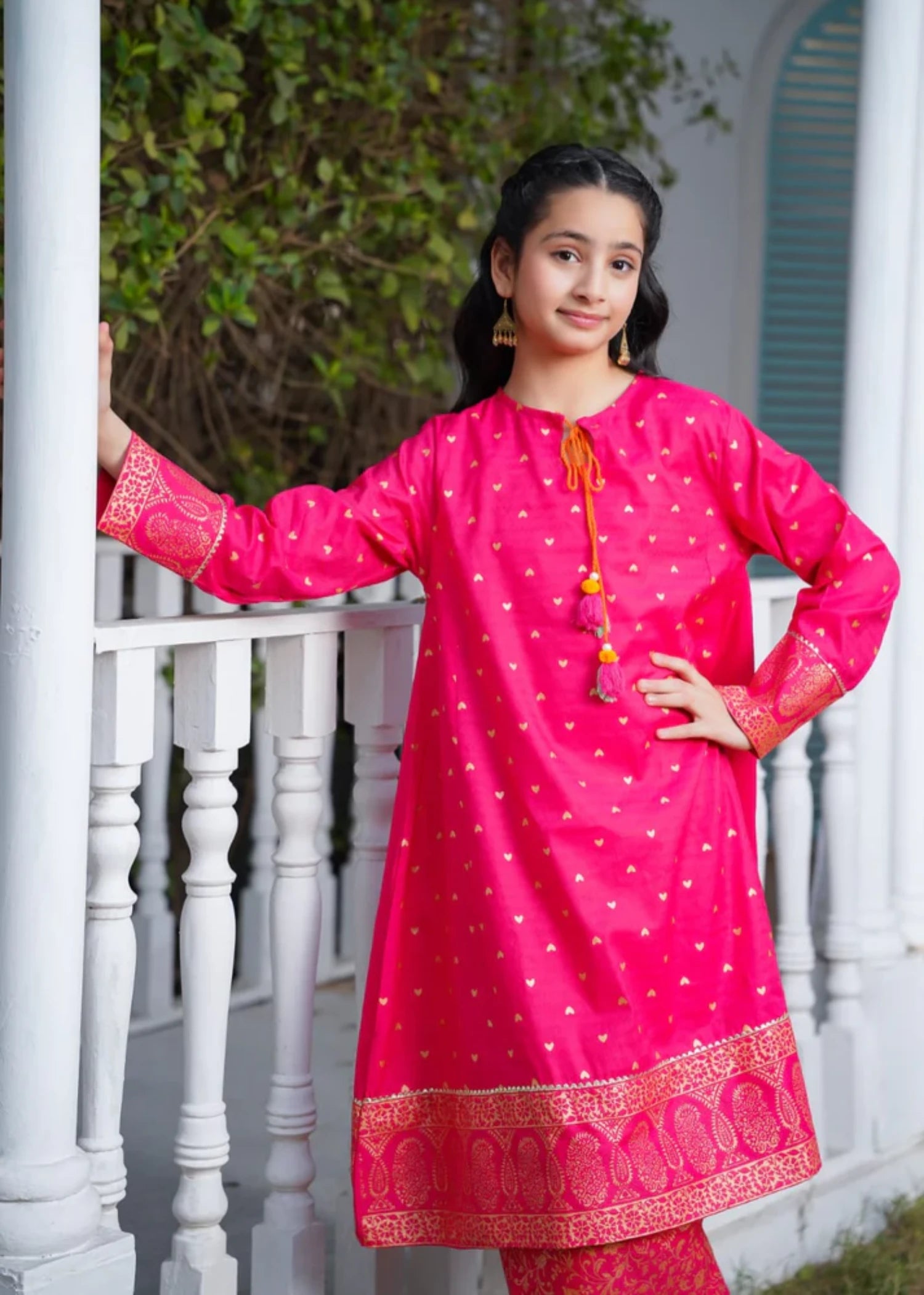 lawn Kurta Set in Shocking pink, orange