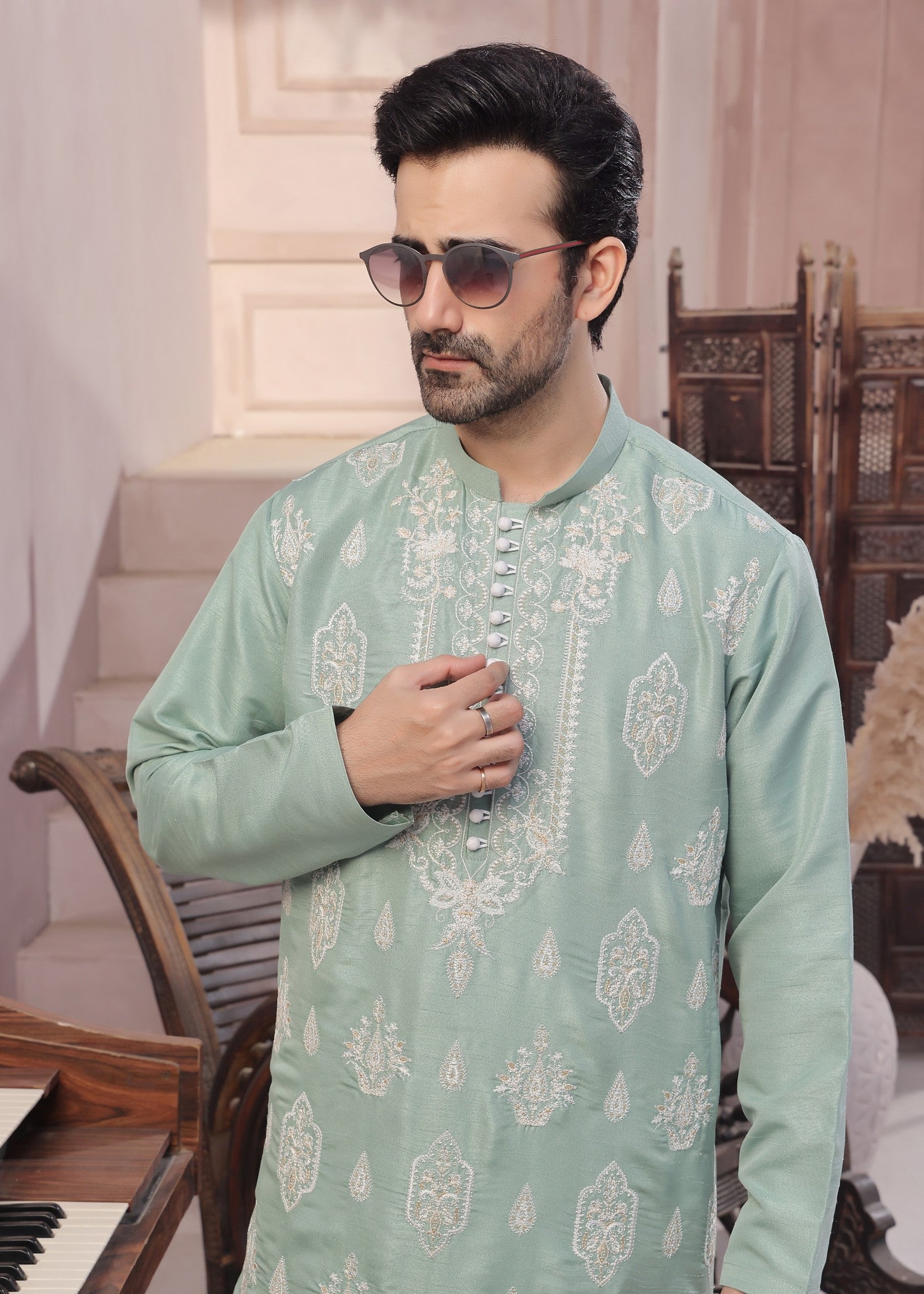 raw silk Kurta Set in Aquamarine by The Great Masters (TGM)