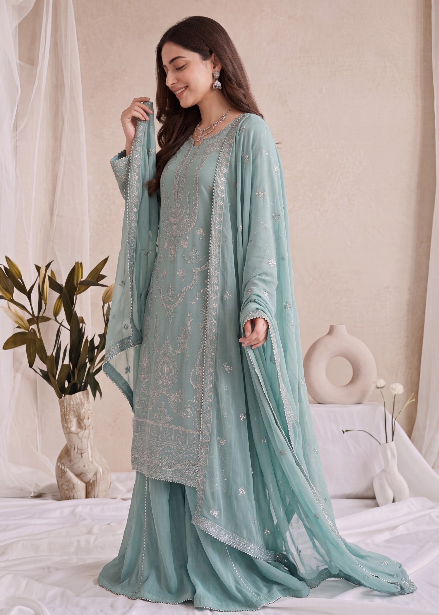 pk crinkle chiffon Kurta Set in Aquamarine