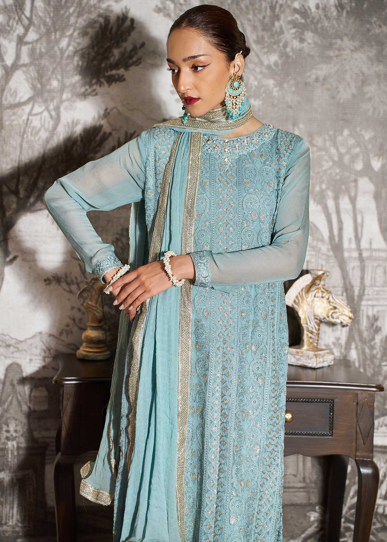 chiffon Kurta Set in Sky blue
