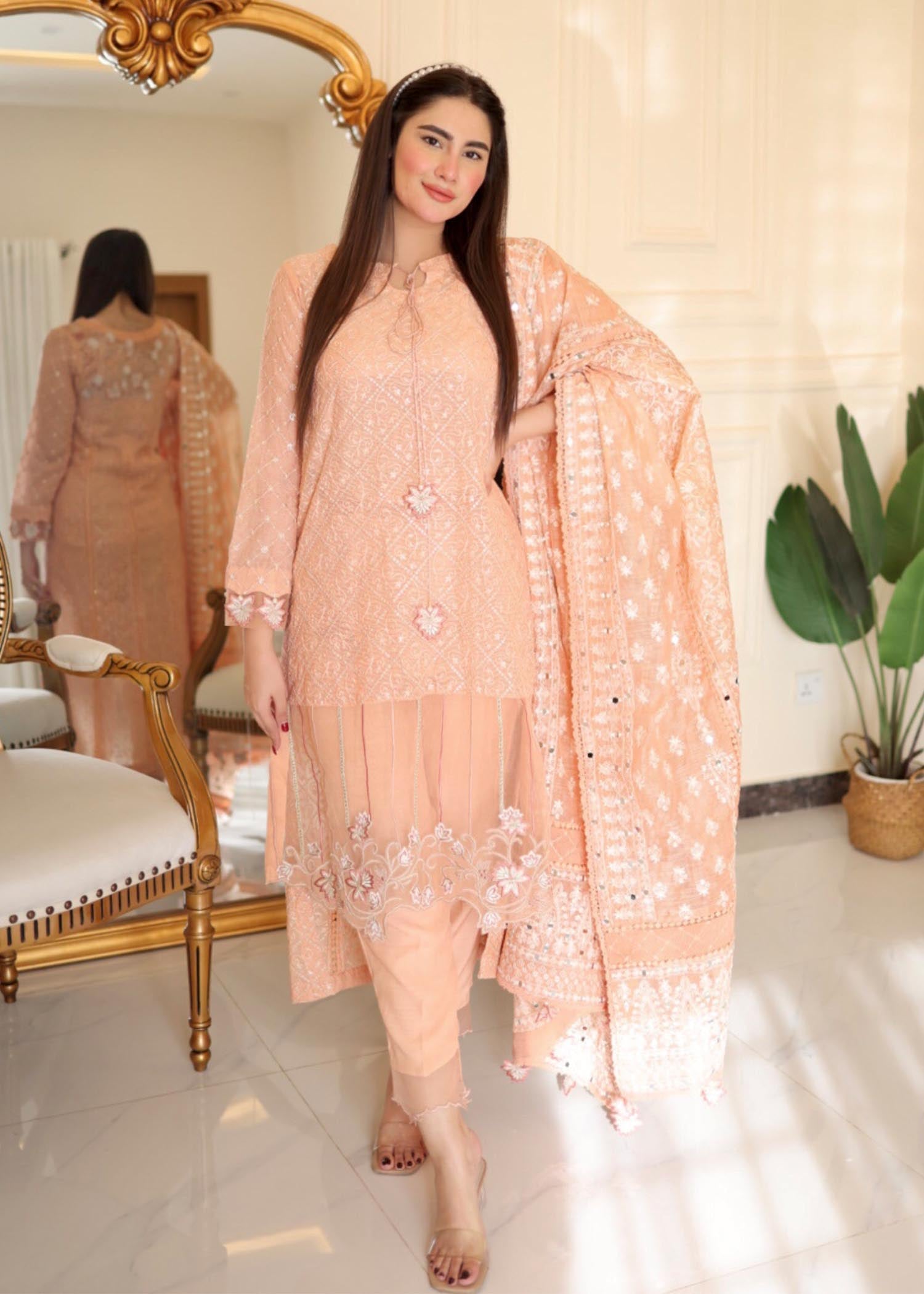 cotton net Kurta Set in Peach pink