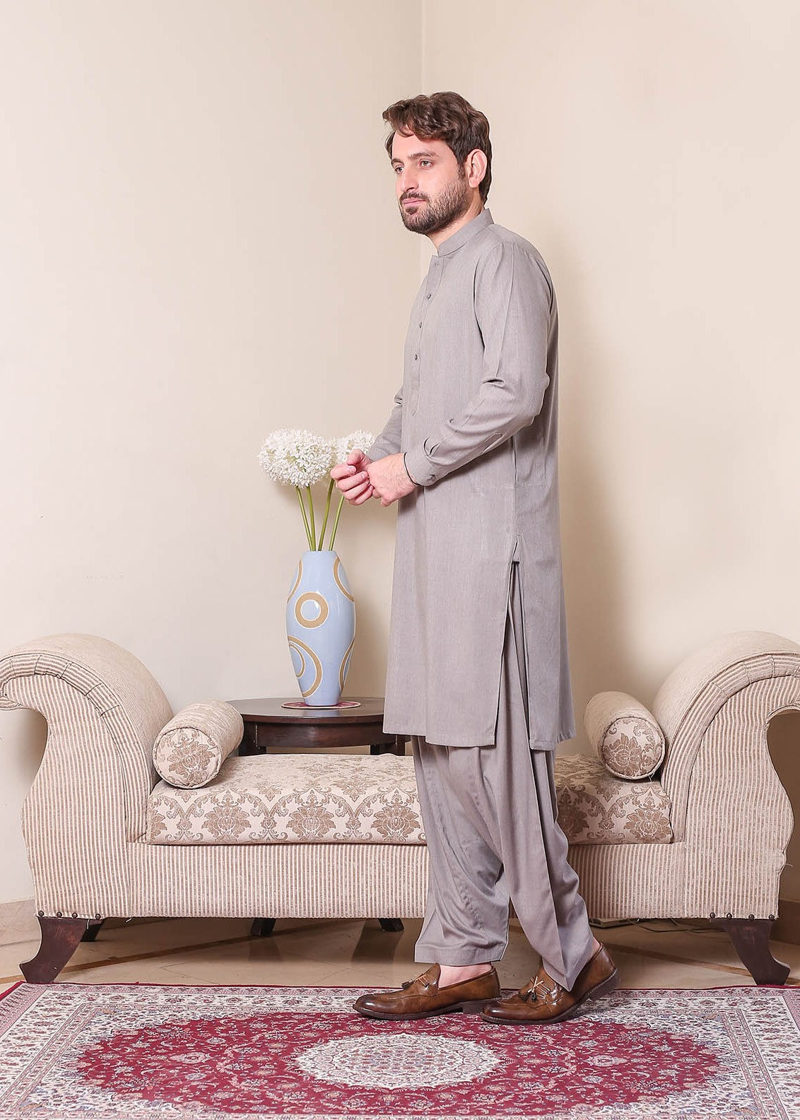 textured wash & wear Shalwar Kameez in Grey