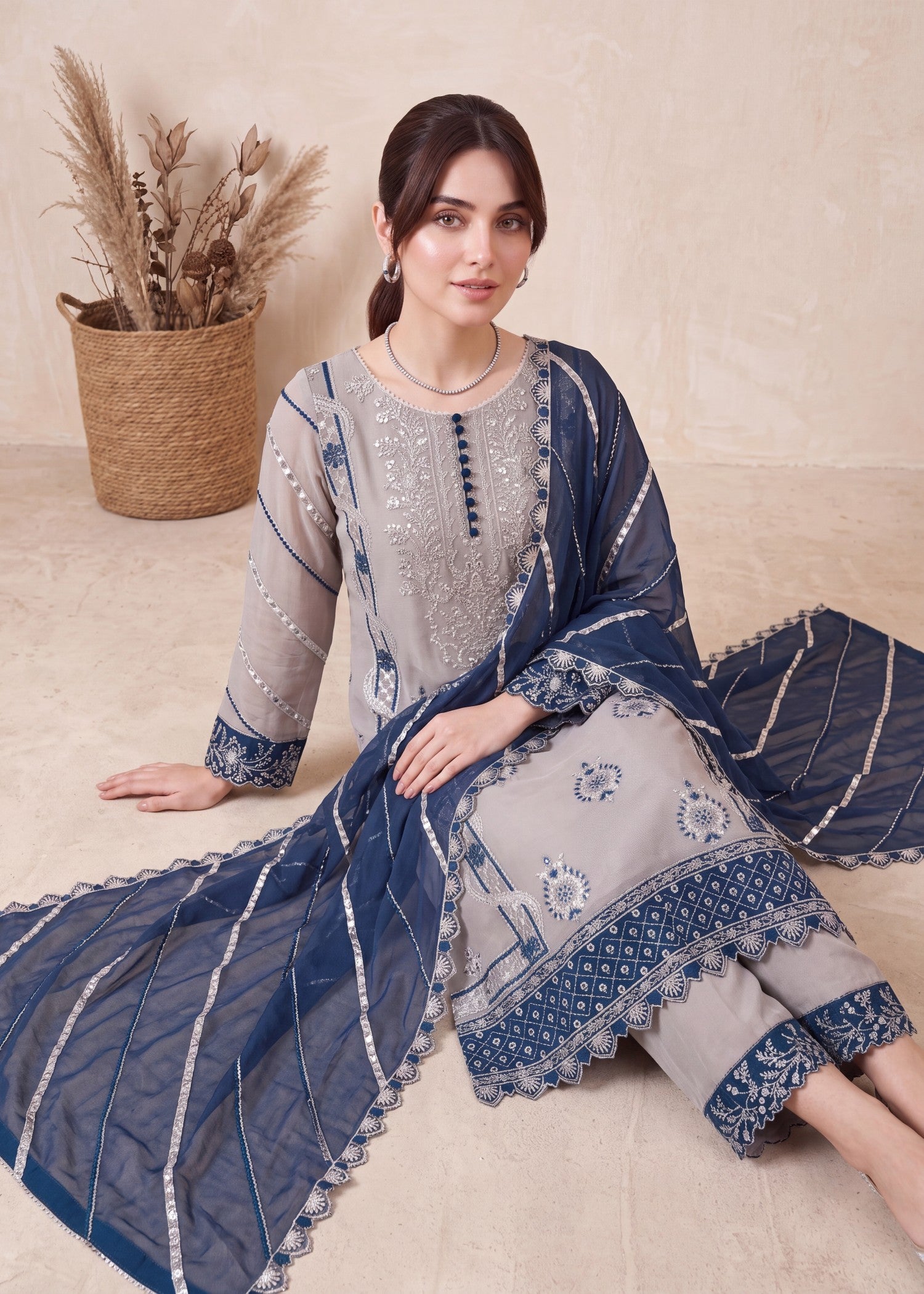 pk crinkle chiffon Kurta Set in Aegean blue, pastel grey