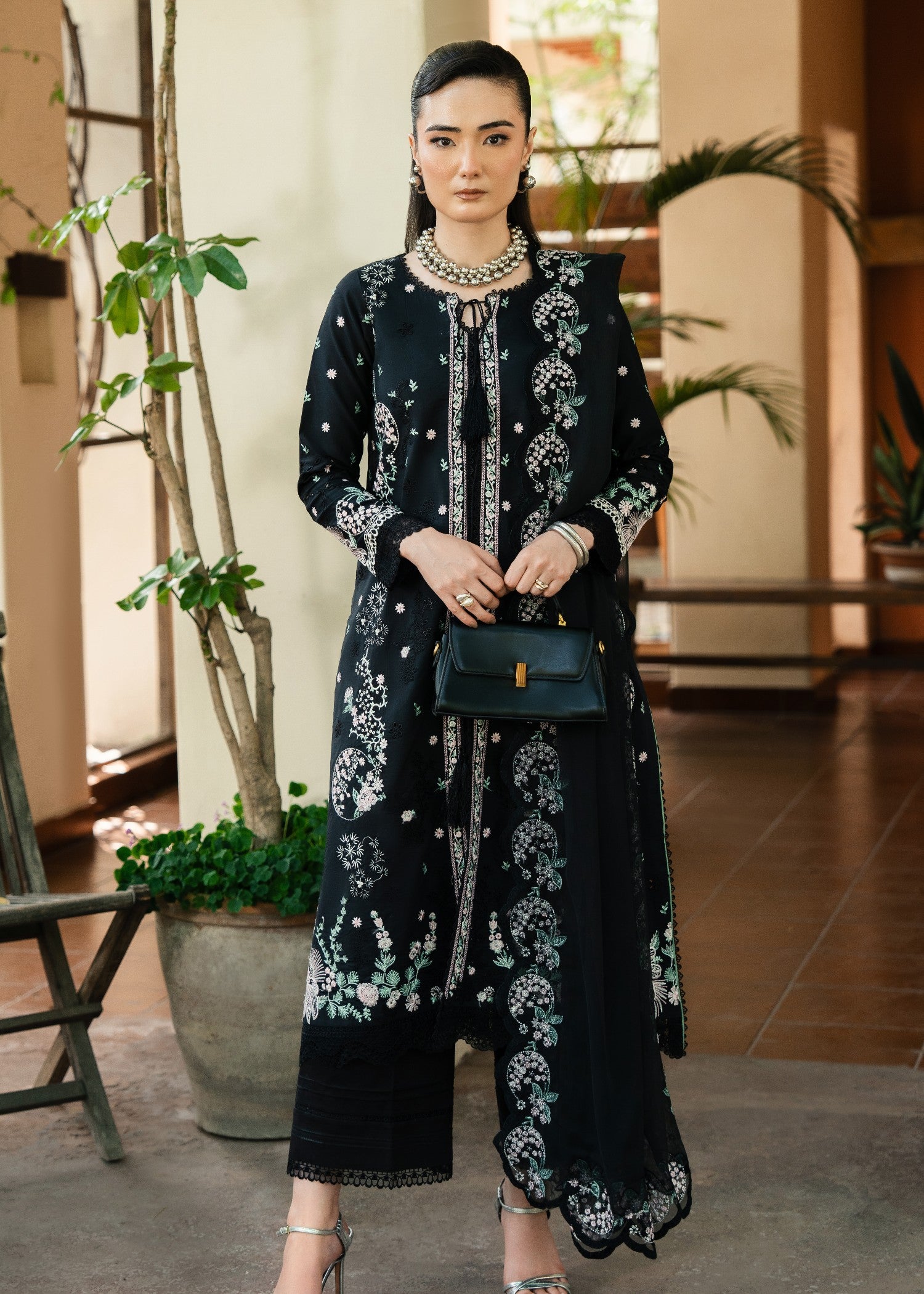 lawn Kurta Set in Black, ivory, moss green