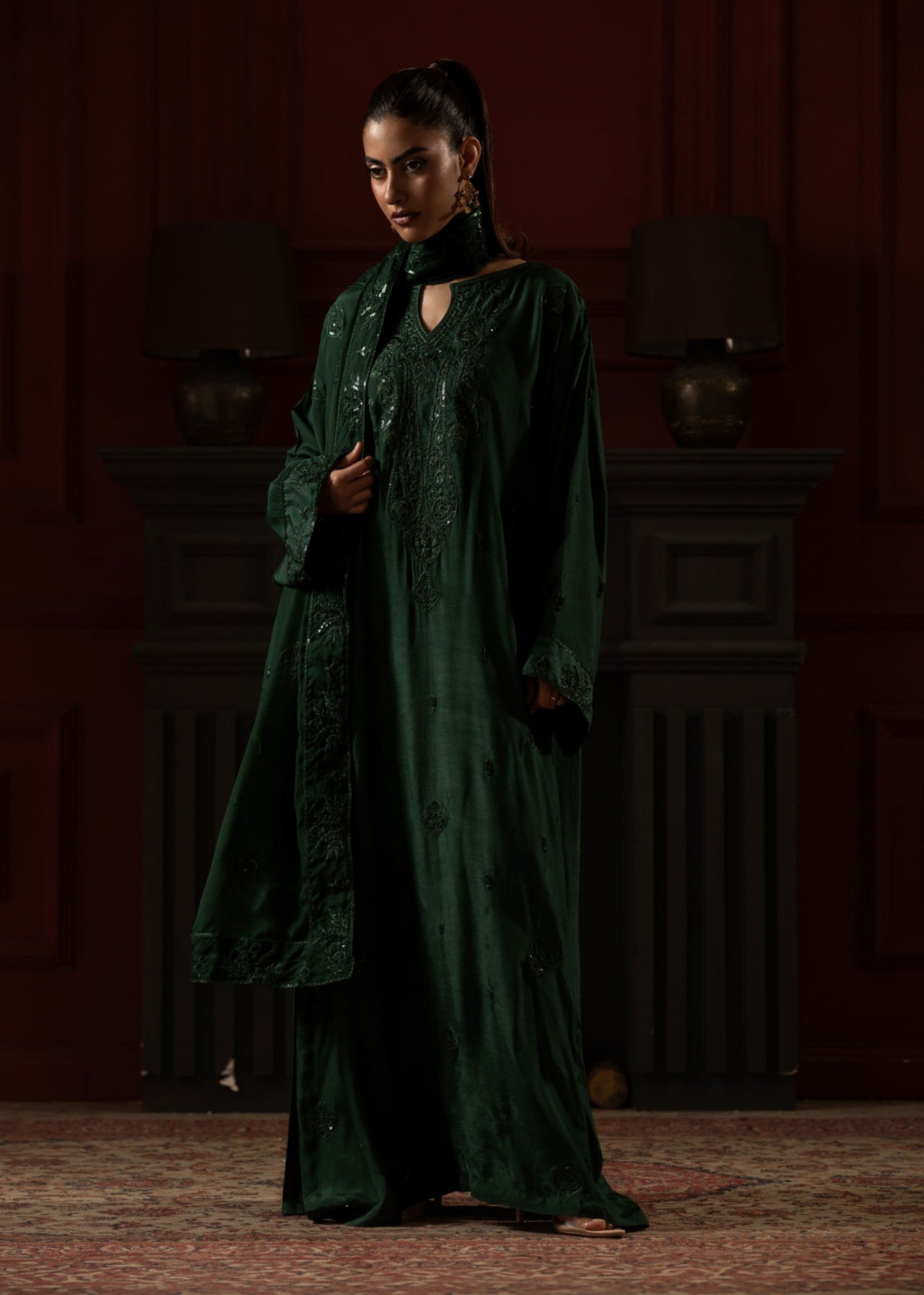 raw silk Kaftan in Bottle green