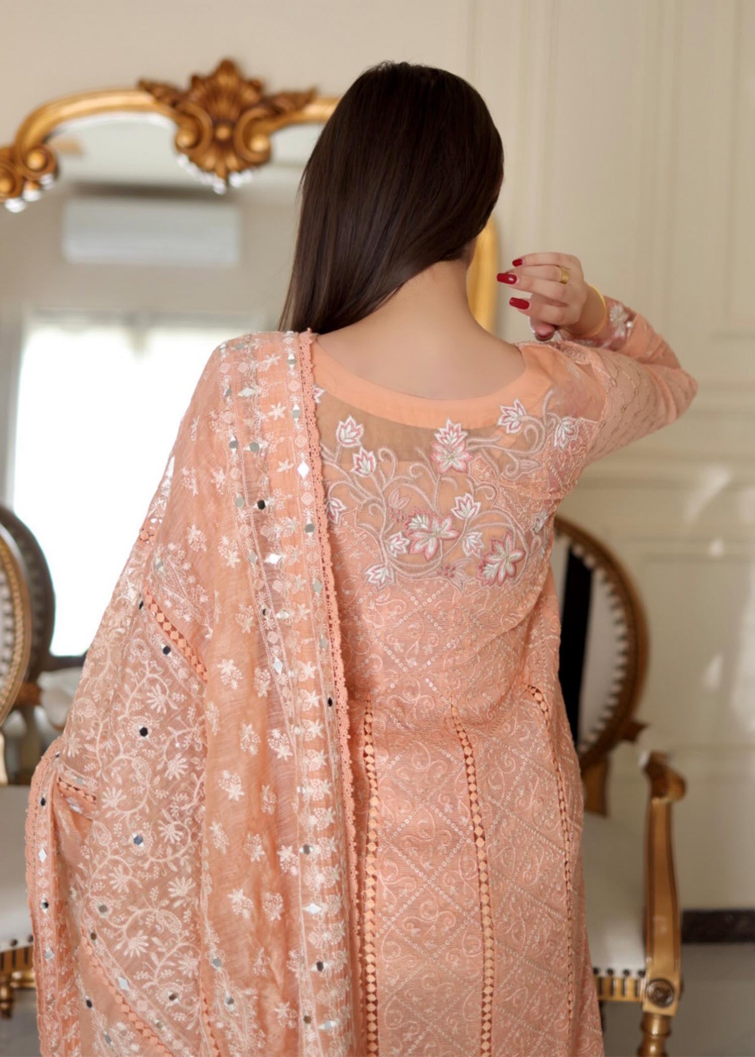 cotton net Kurta Set in Peach pink