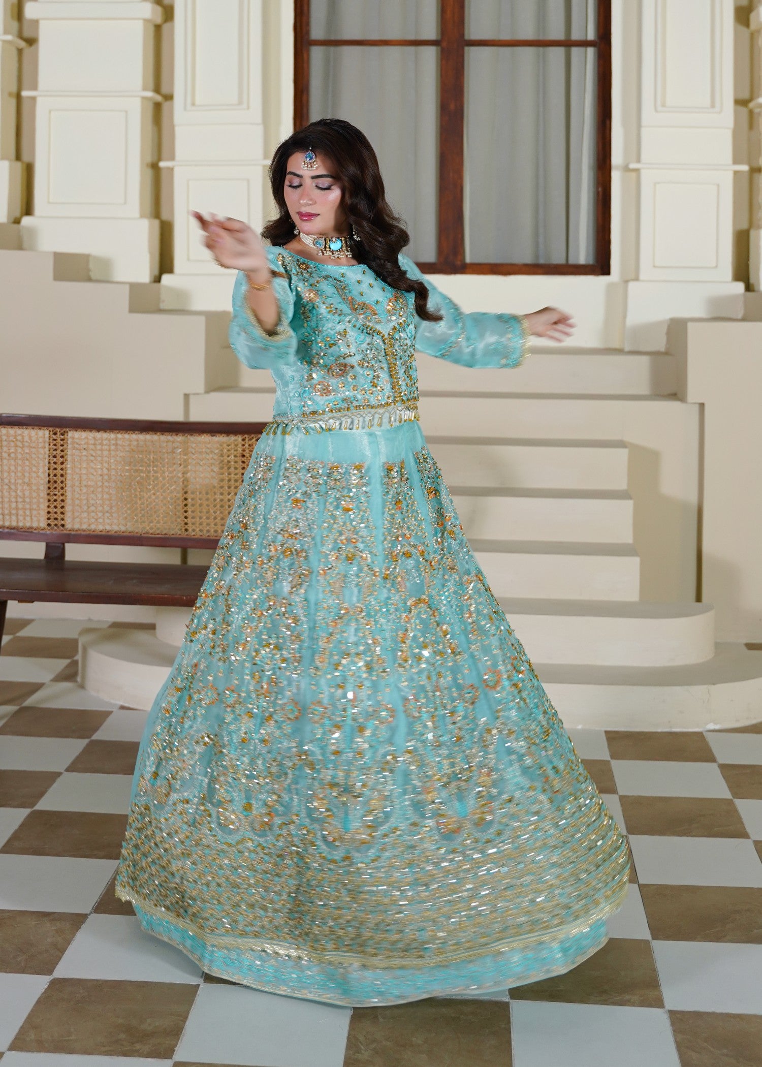 organza Lehenga in Turquoise, gold