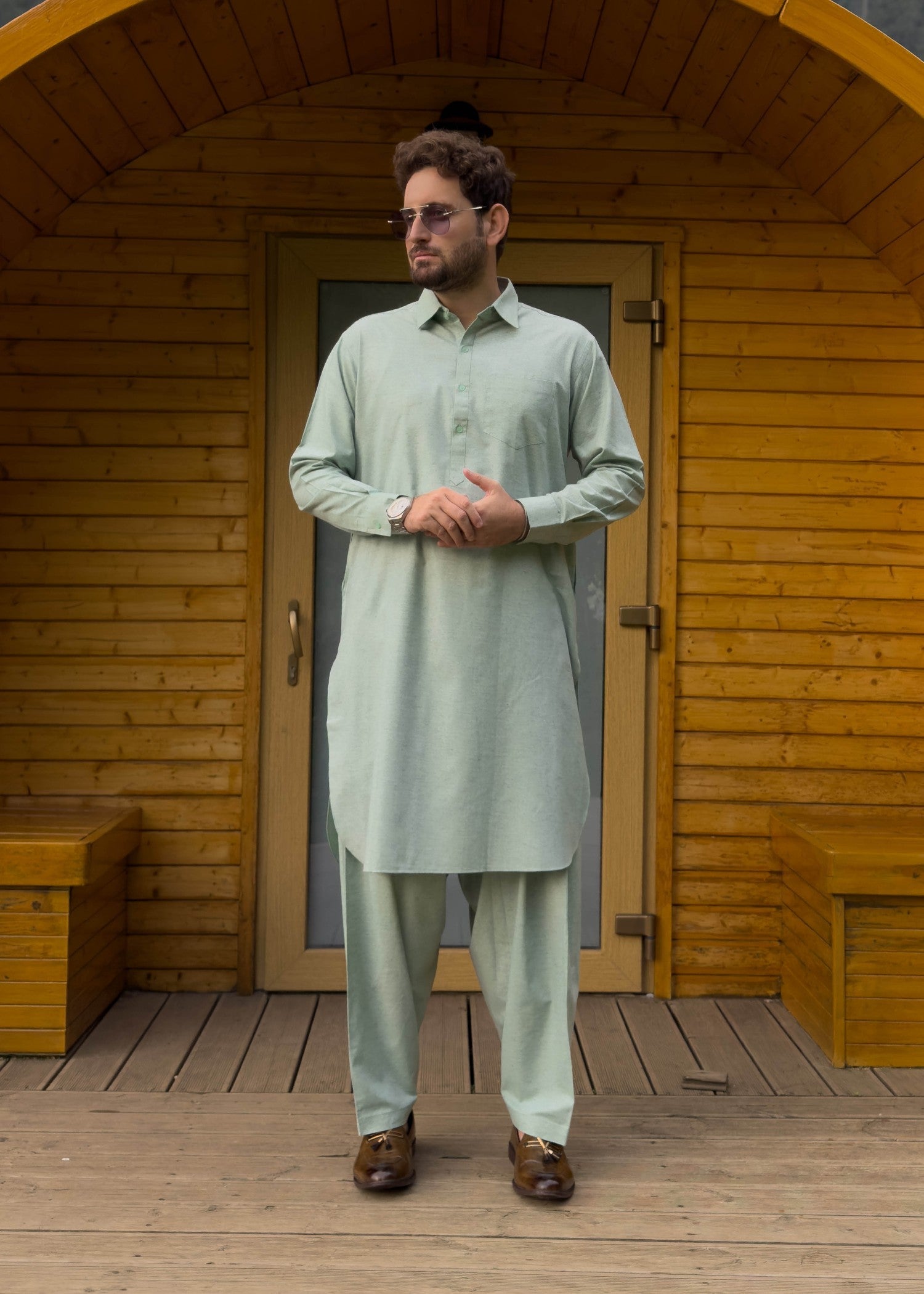 blended karandi Shalwar Kameez in Pistachio green