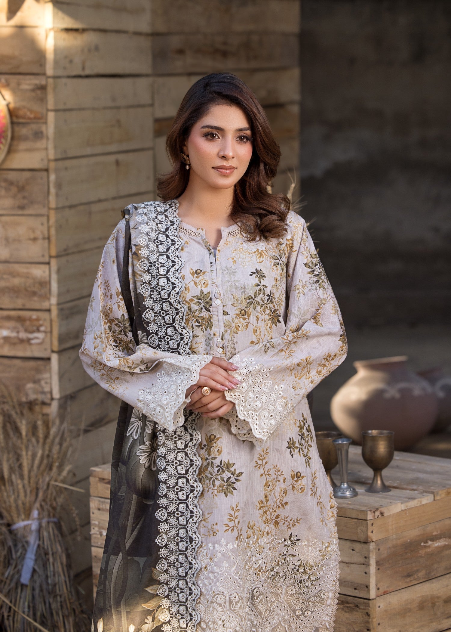 khaddar Kurta Set in Cream