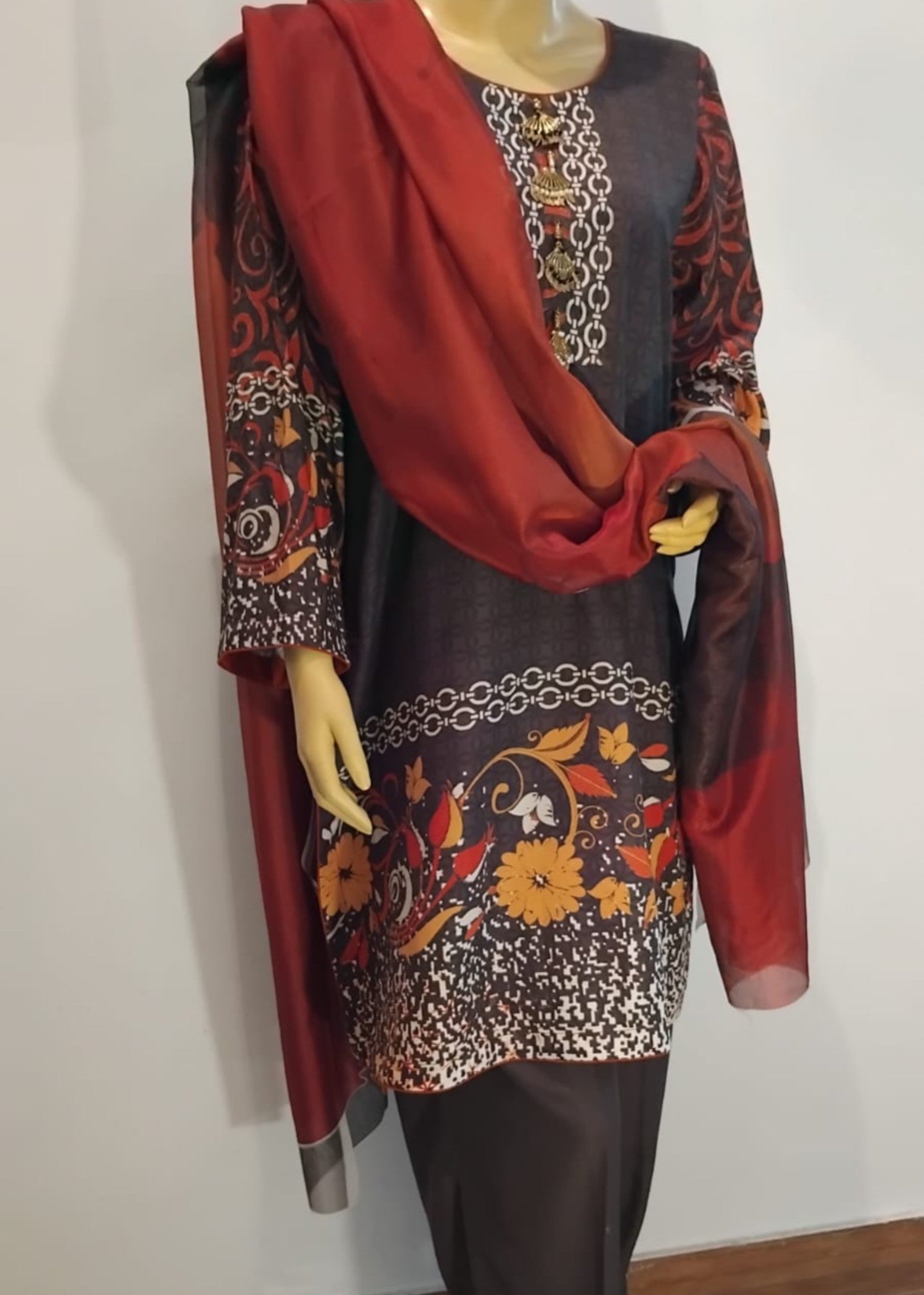 silk finish lawn Unstitched in Dark brown, mustard, peanut