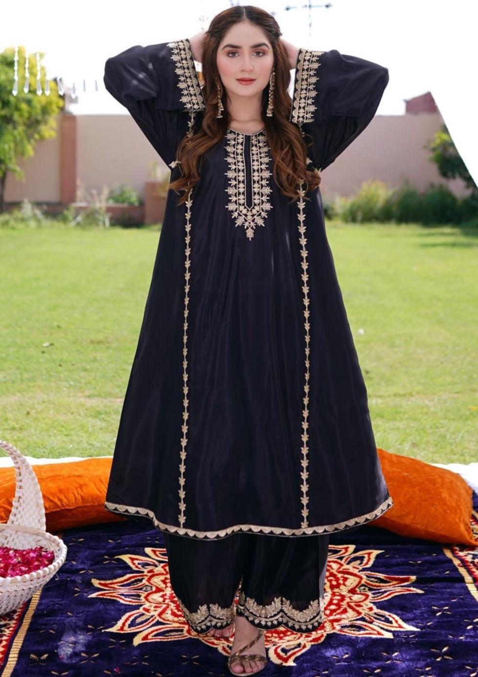 raw silk Pishwas in Black