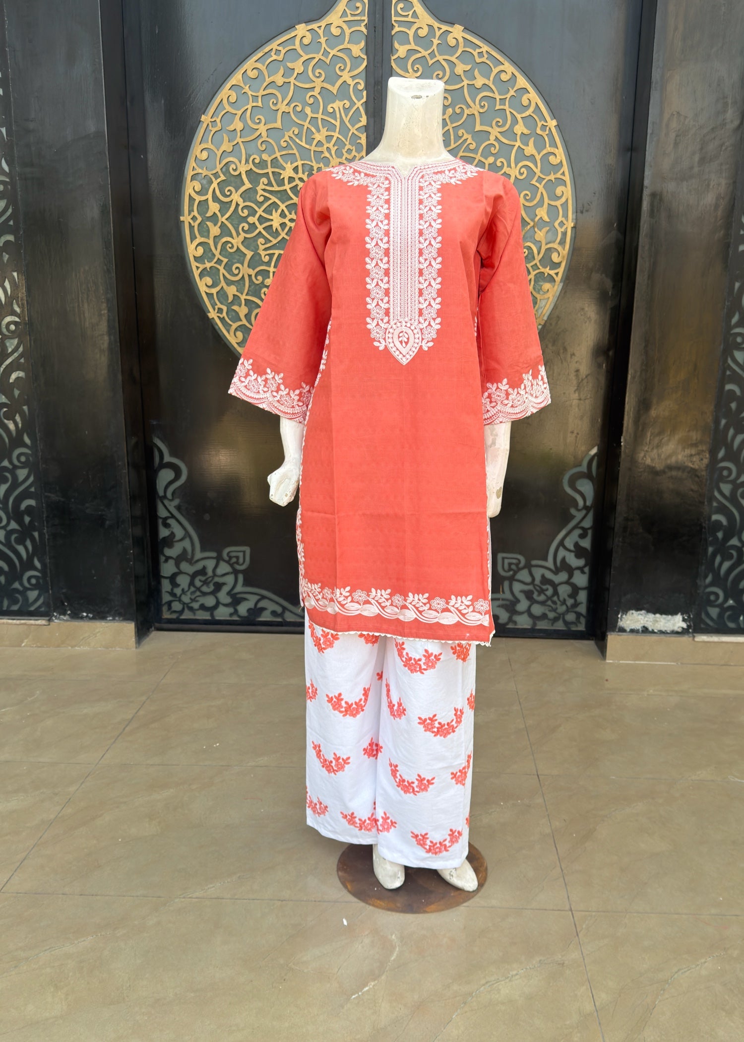 cotton dobby Kurta Set in Peach orange