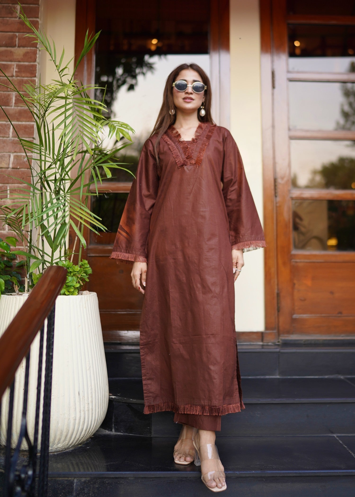 lawn cotton Kurta Set in Chocolate brown