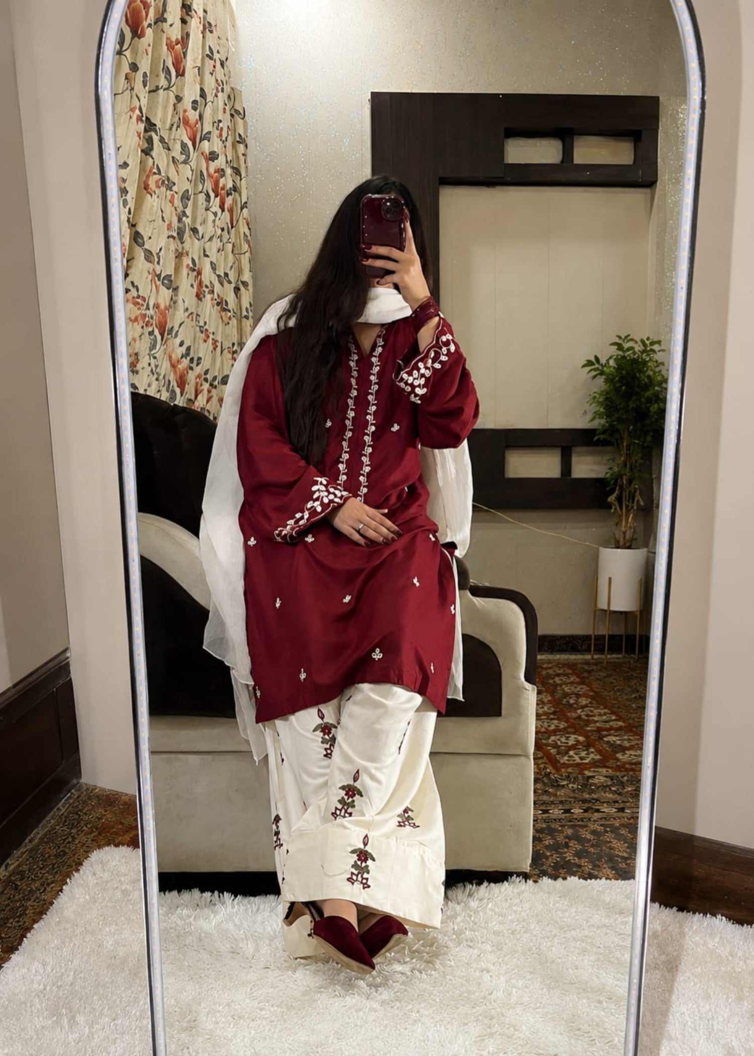 linen Kurta Set in White, maroon