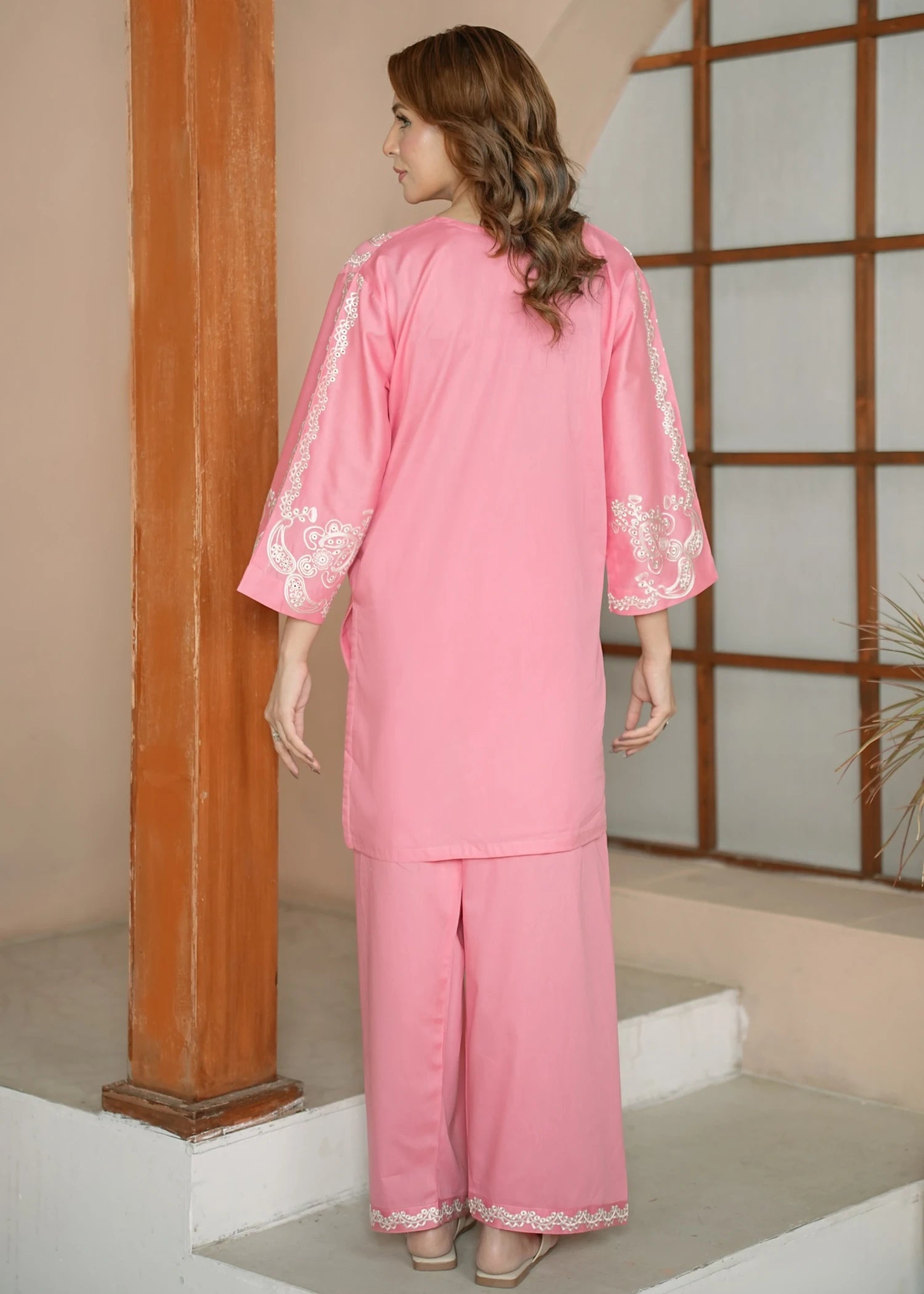 lawn cotton Kurta Set in Salmon pink
