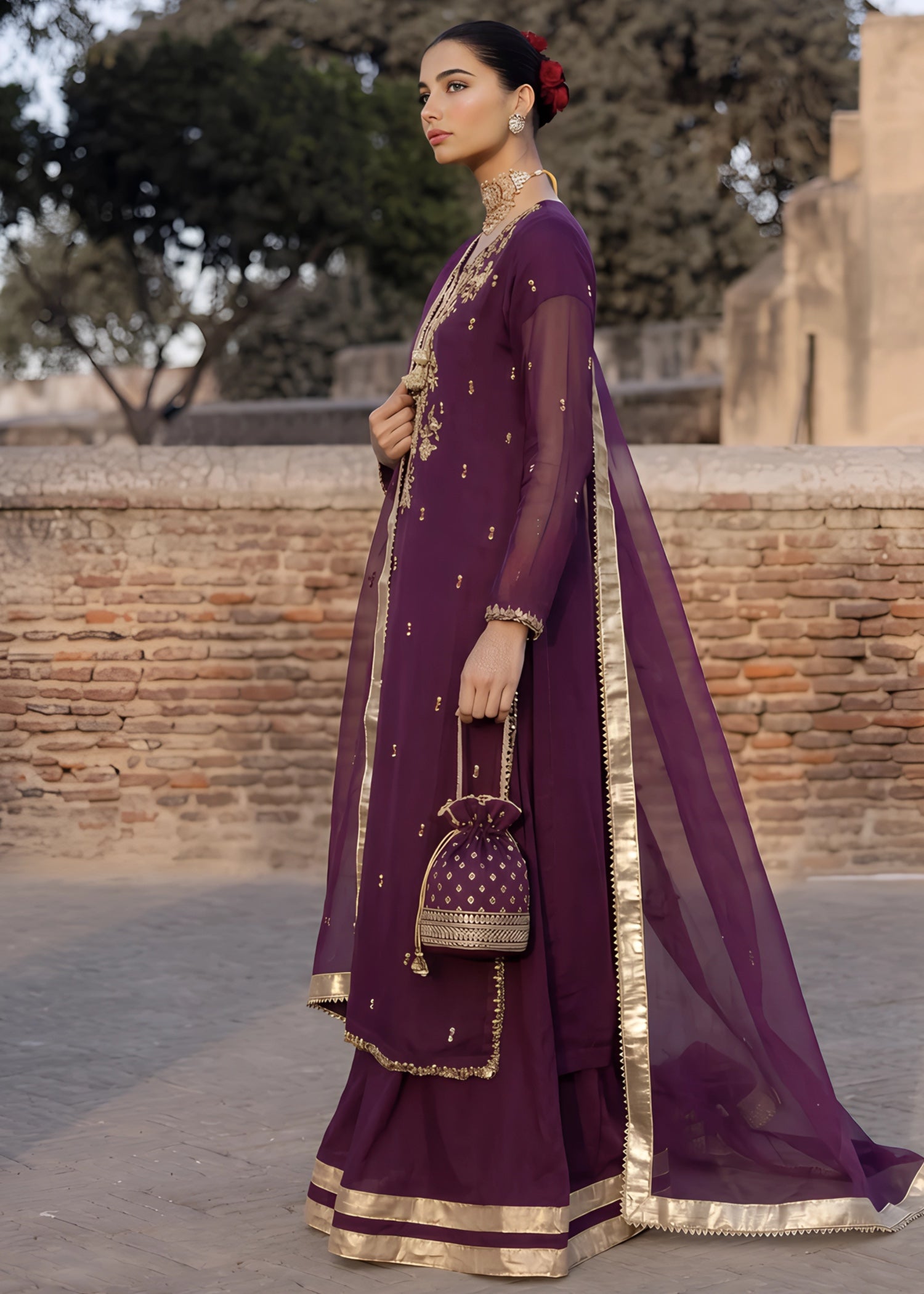 chiffon Kurta Set in Plum purple
