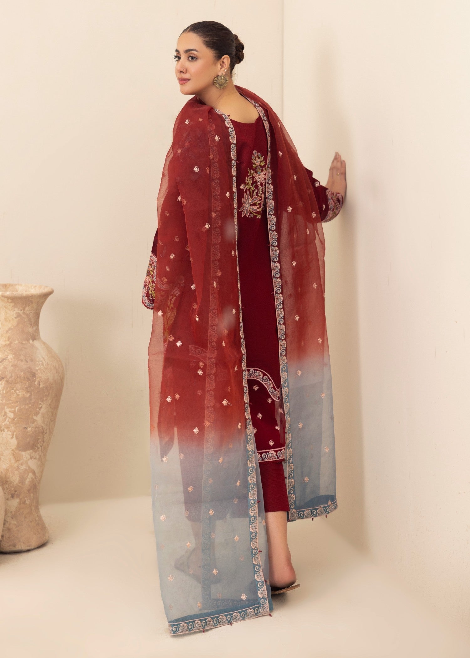 chambray Kurta Set in Maroon