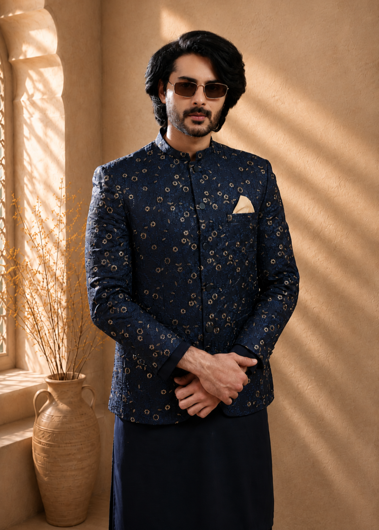 jamawar Prince Coat in Navy blue