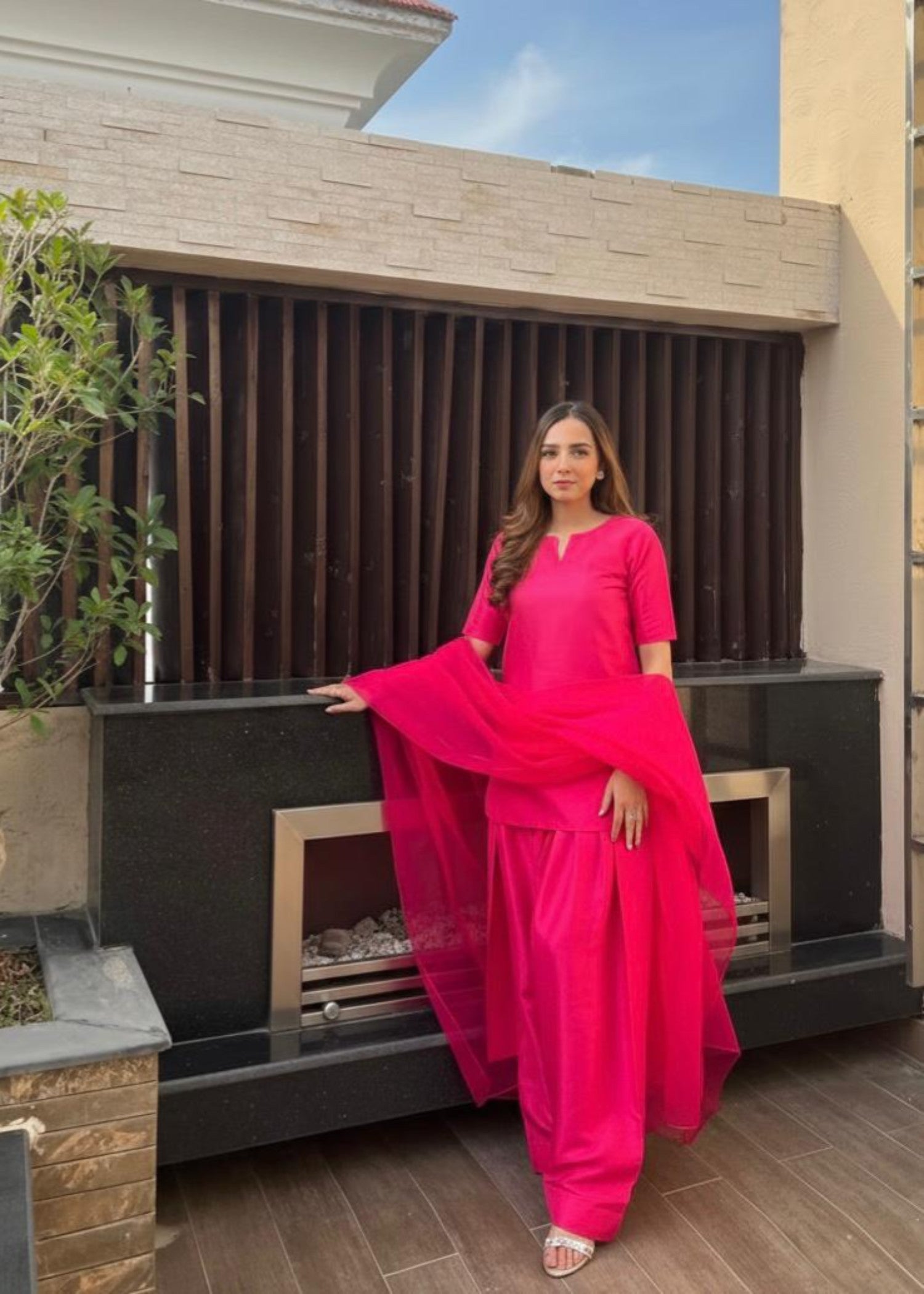 silk Kurta Set in Fuchsia pink