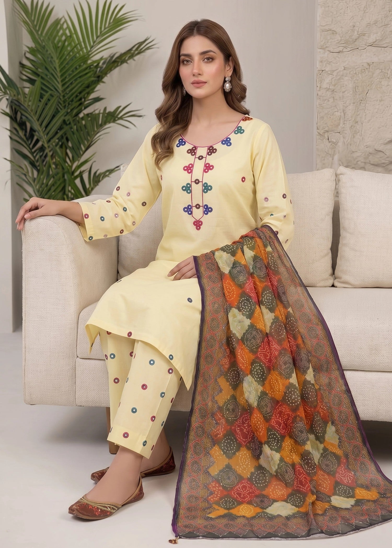 lawn cotton Kurta Set in Lemon chiffon