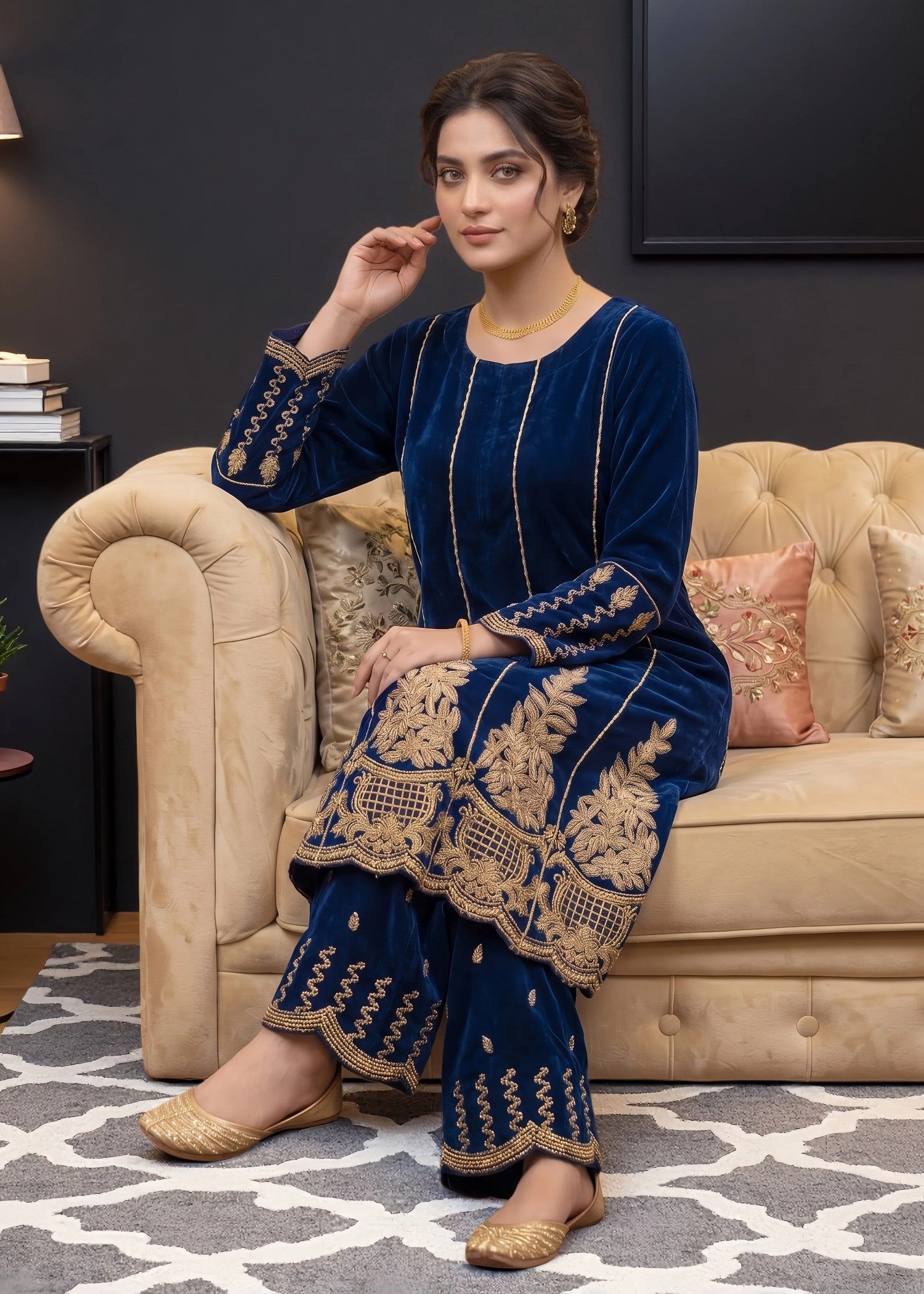 velvet Pishwas in Navy blue