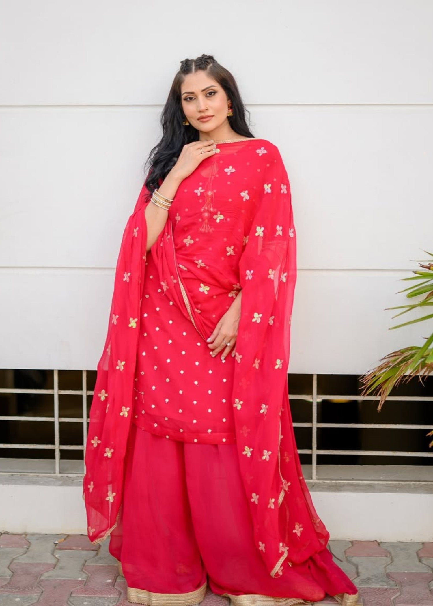 bemberg crinkle chiffon Sharara in Shocking pink