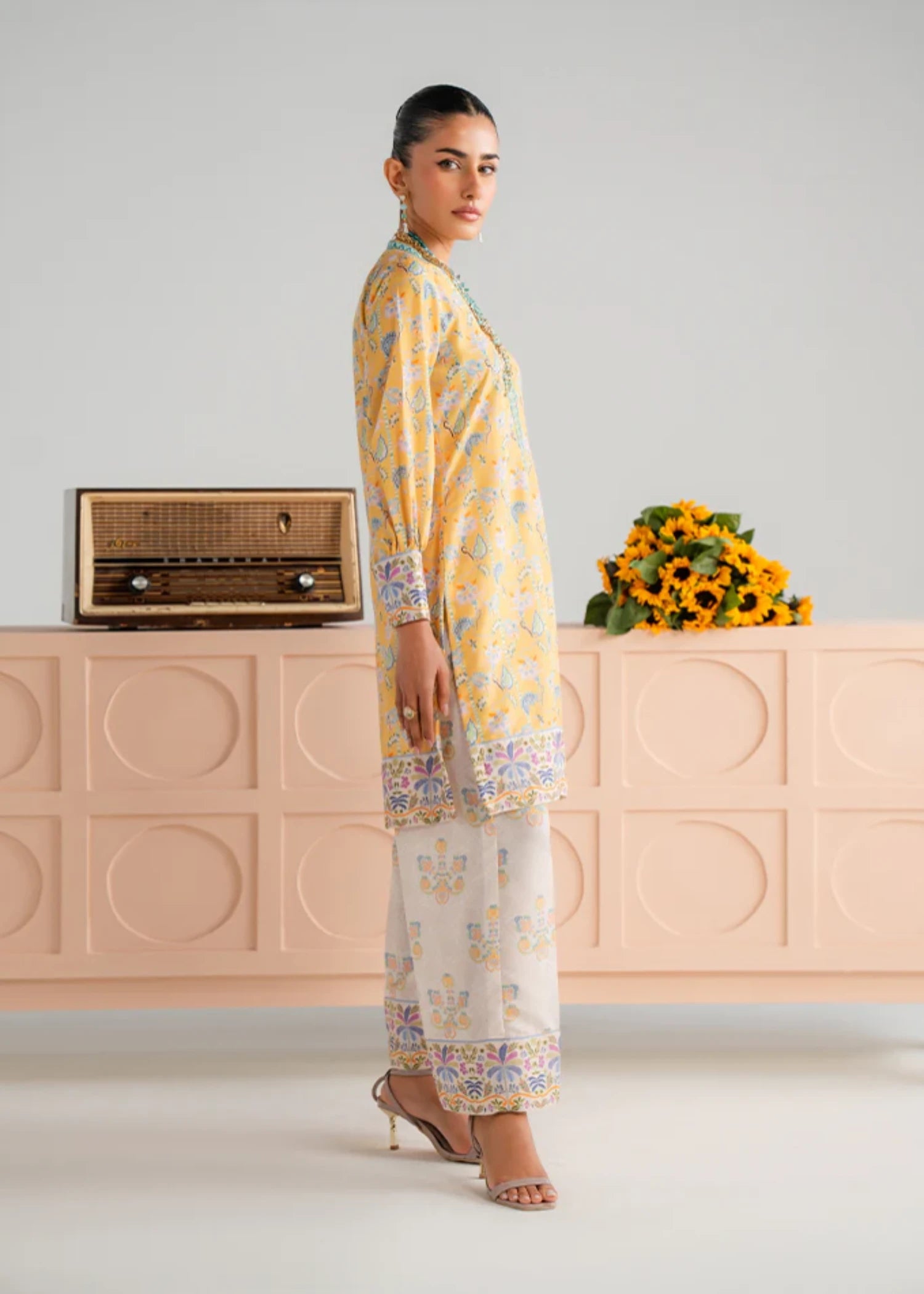 poly lawn Kurta Set in Mellow yellow