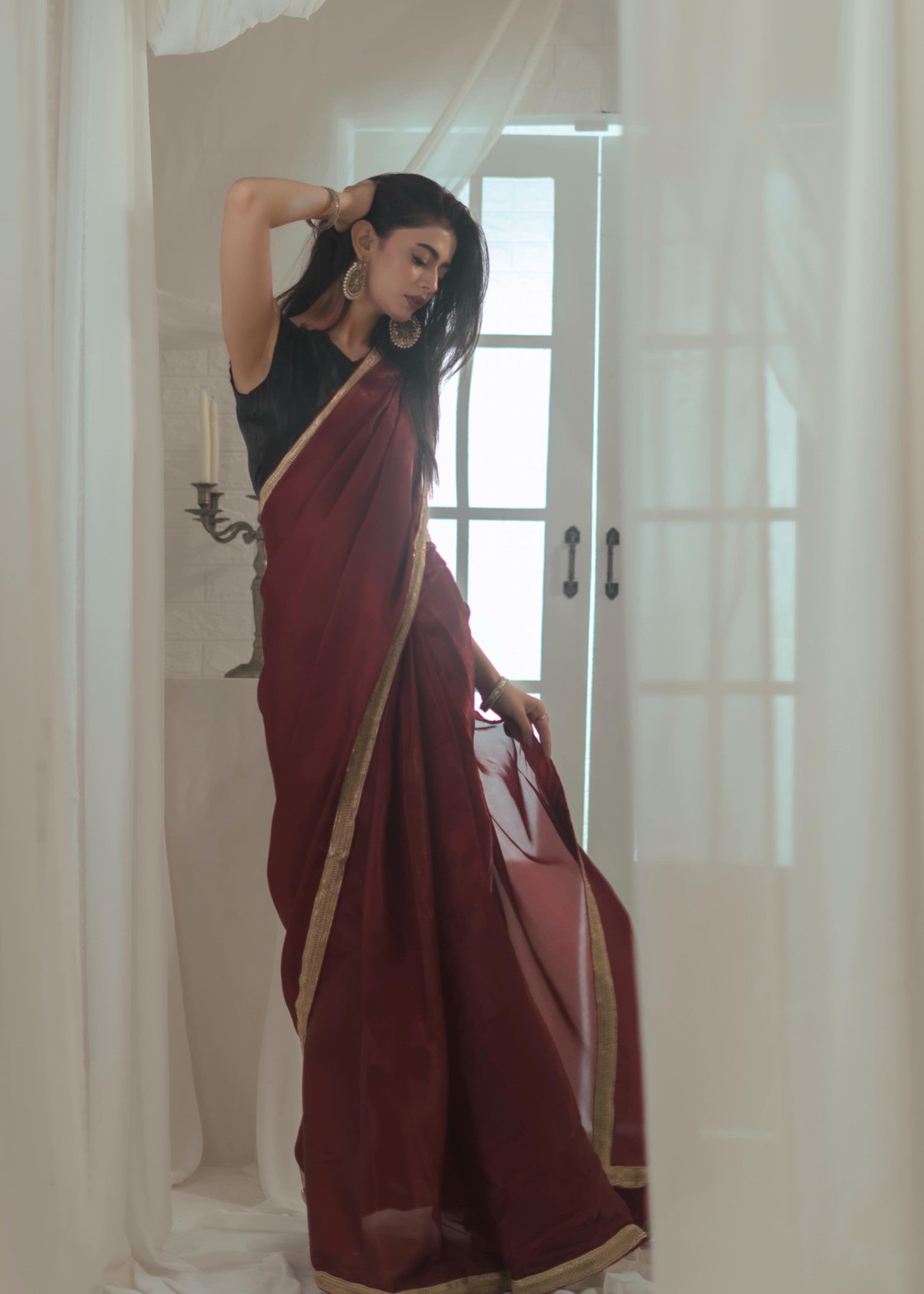 silk Saree in Maroon, black