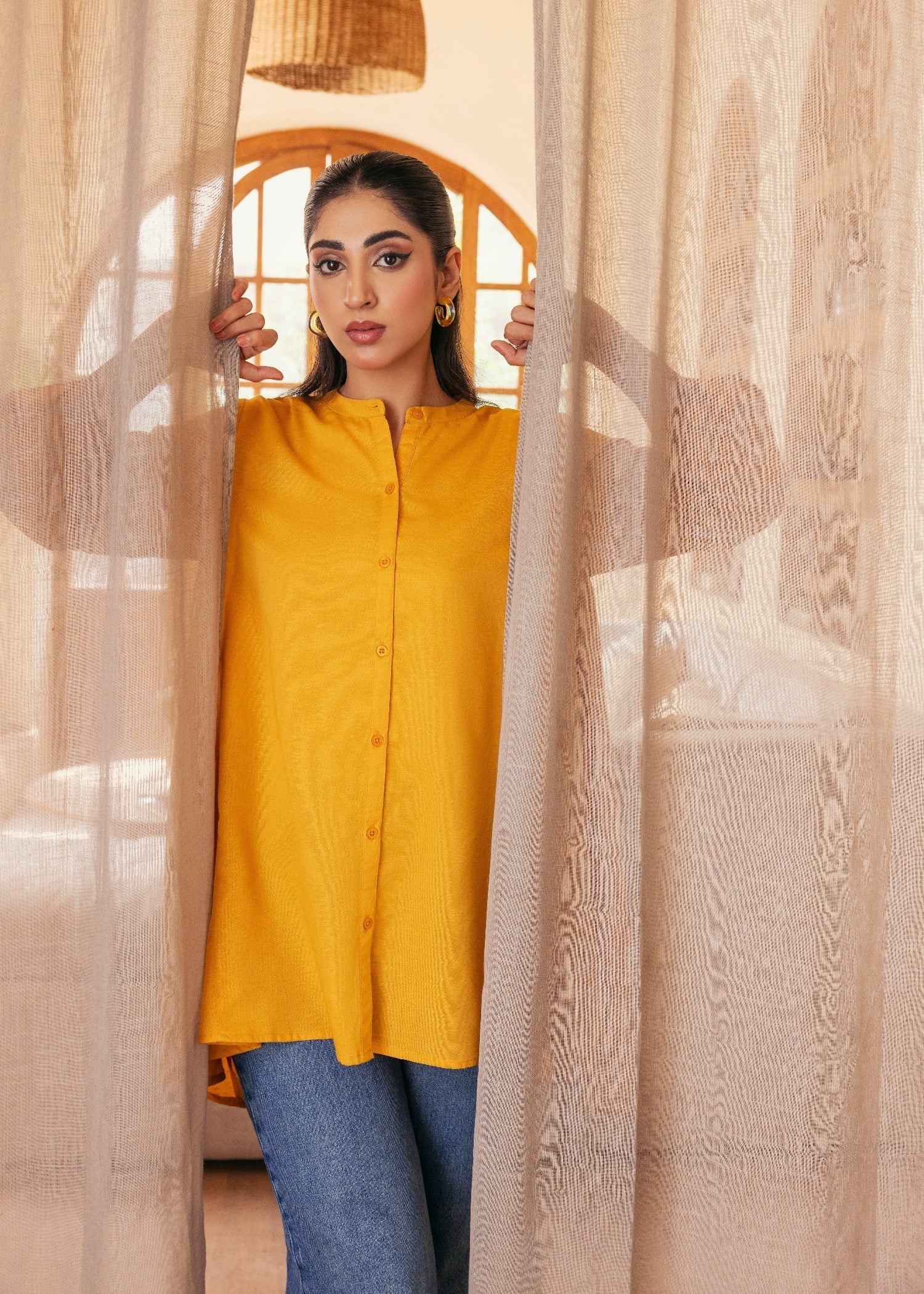 slub khaddar Top in Mustard