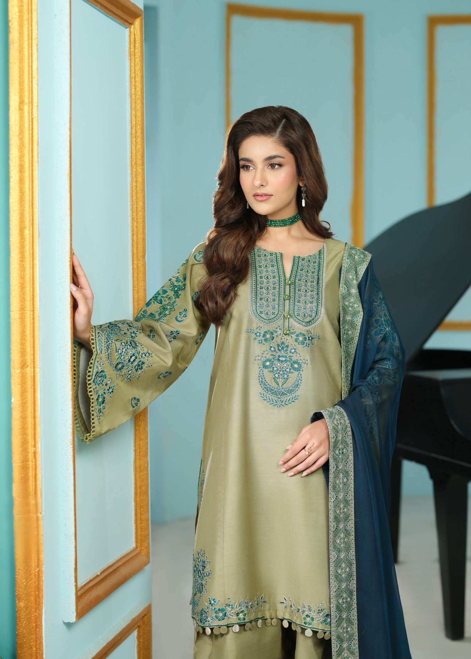 cambric cotton Kurta Set in Sage green